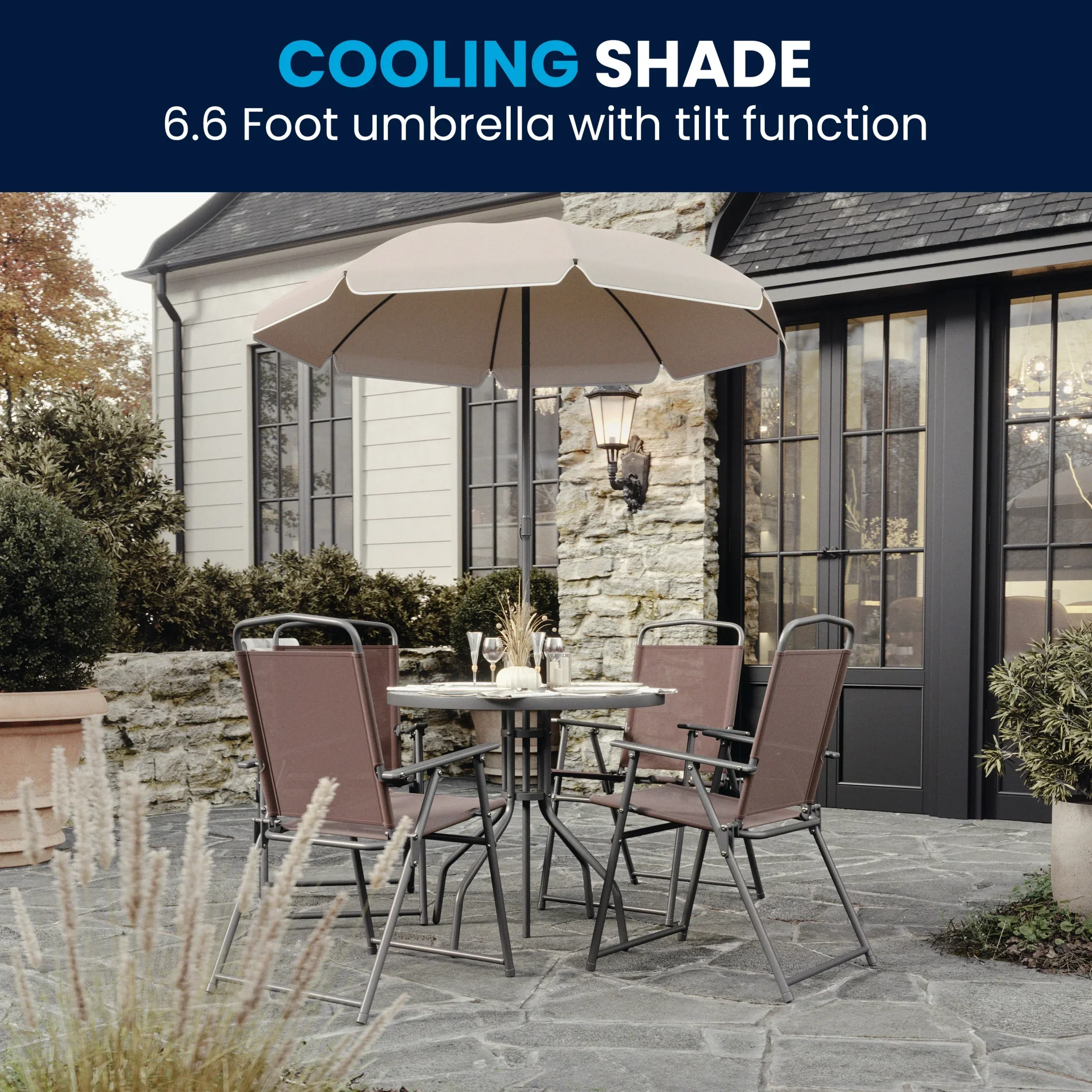 Flash Furniture Nantucket 6 Piece Black Patio Garden Set with Umbrella Table and Set of 4 Folding Chairs