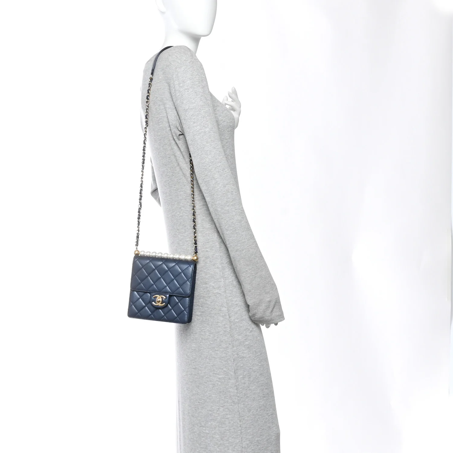 Iridescent Lambskin Quilted Chic Pearls Flap Navy Blue