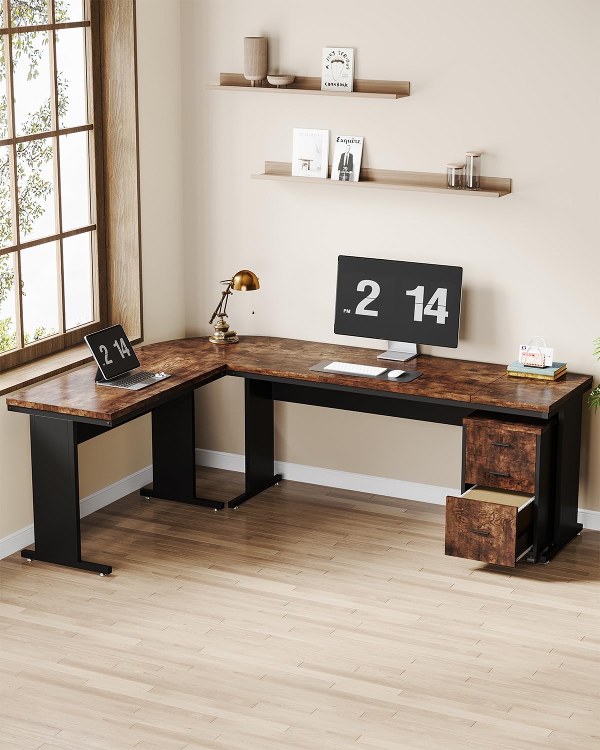 LITTLE TREE 83 Inch L-Shaped Office Desk with Drawers, Large Executive Office Desk with Storage, Wooden Computer Desk with File Cabinet, Modern Work Desk for Home Office, Brown