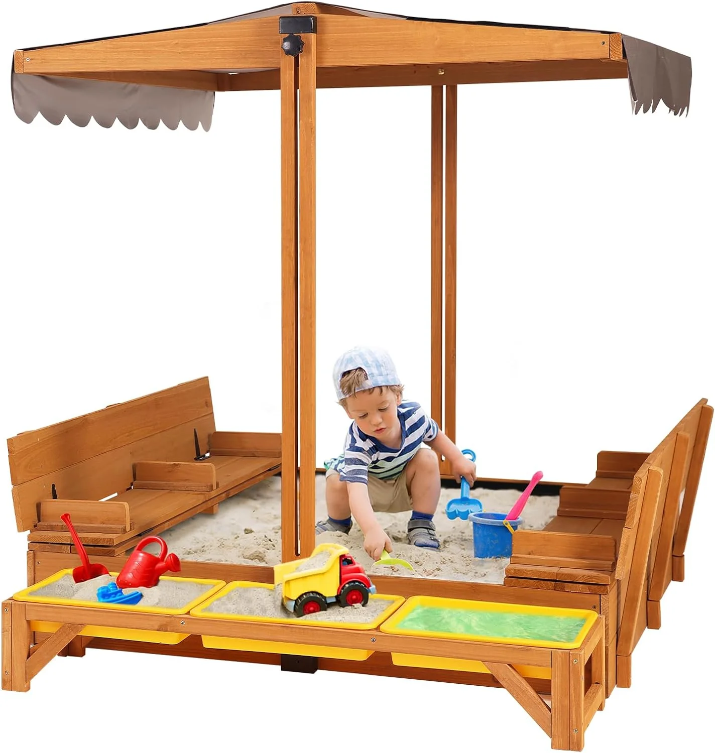 Bac à sable extérieur en bois pour enfants avec auvent, 2 bancs pliables, toit rétractable et doublure anti-sable, 119 x 119 cm