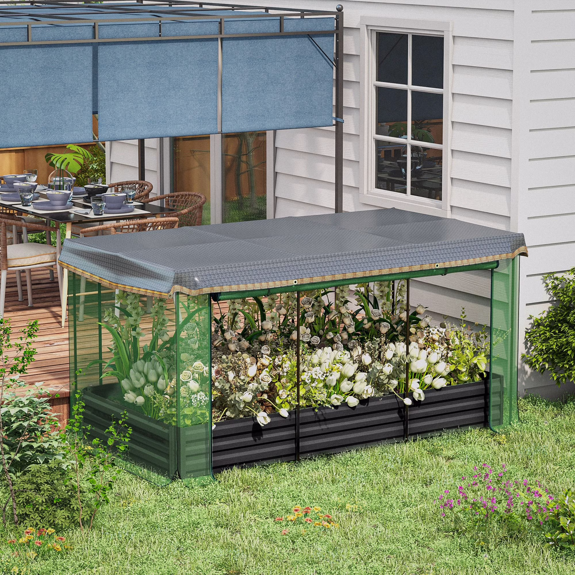 Outsunny Galvanized Raised Garden Bed with Crop Cage & Shade Cloth, Beige
