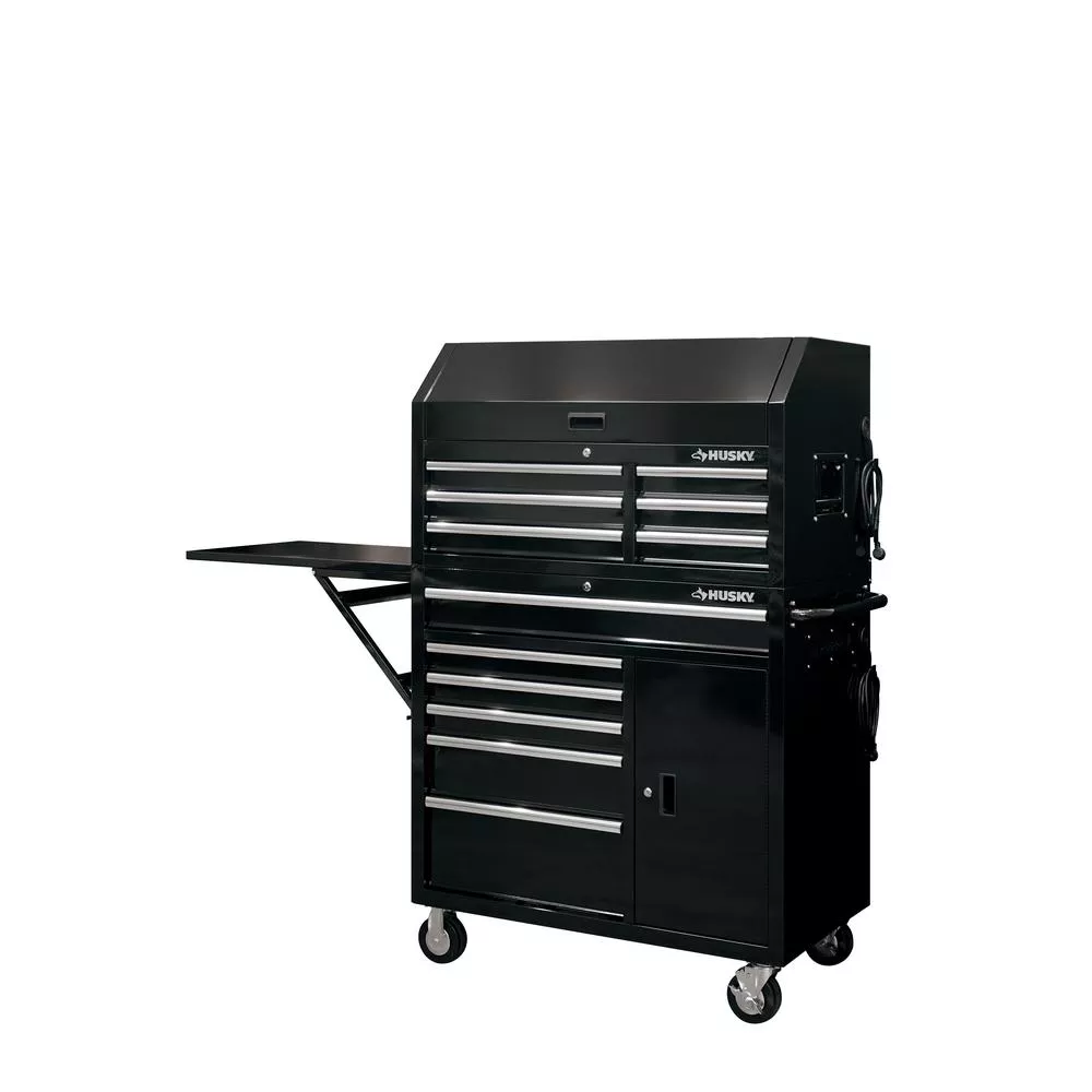 Coffre à outils et armoire combinés à 12 tiroirs, 104 cm de largeur, avec table d'appoint, noir brillant
