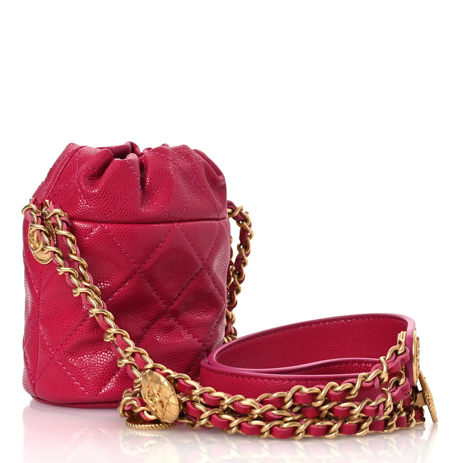 Caviar Quilted Twist Your Buttons Mini Bucket Bag Fuchsia