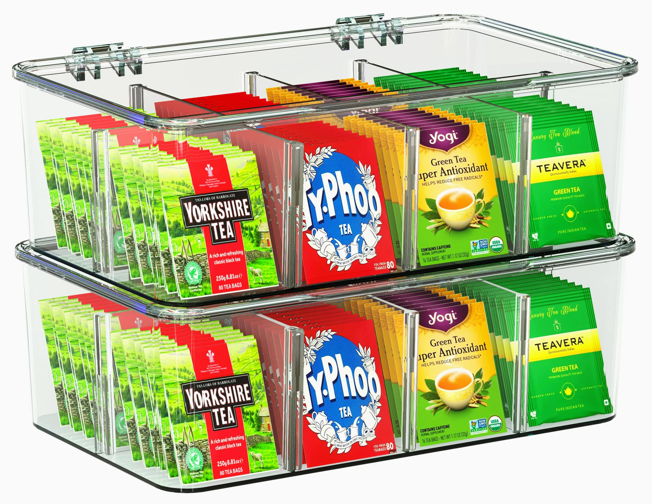 Utopia Home 2 Pack Tea Bag Organizer - Stackable Tea Bag Storage Organizer with Clear Top Lid - Tea Bag Holder for Counter Tops, Kitchen Cabinets,