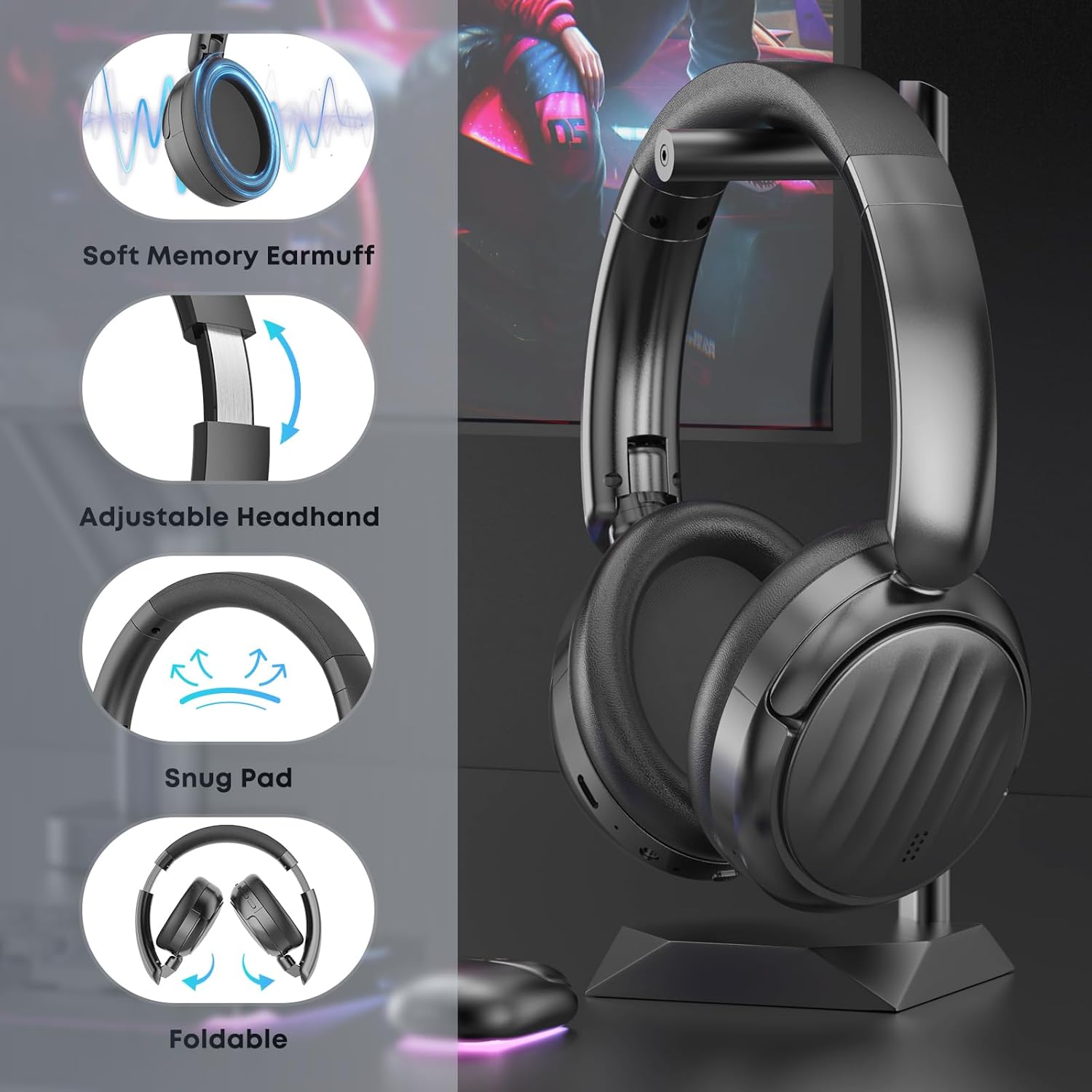 Bluetooth Headphones  Wireless Over Ear Bluetooth Headsets HiFi Stereo Foldable Headphones Black
