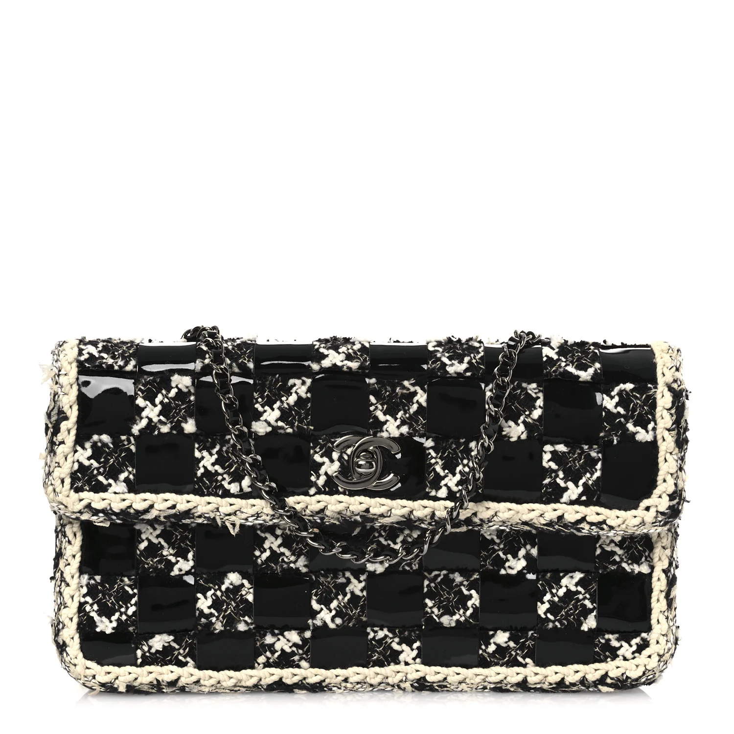 Tweed Patent Quilted Rectangular Flap Black White