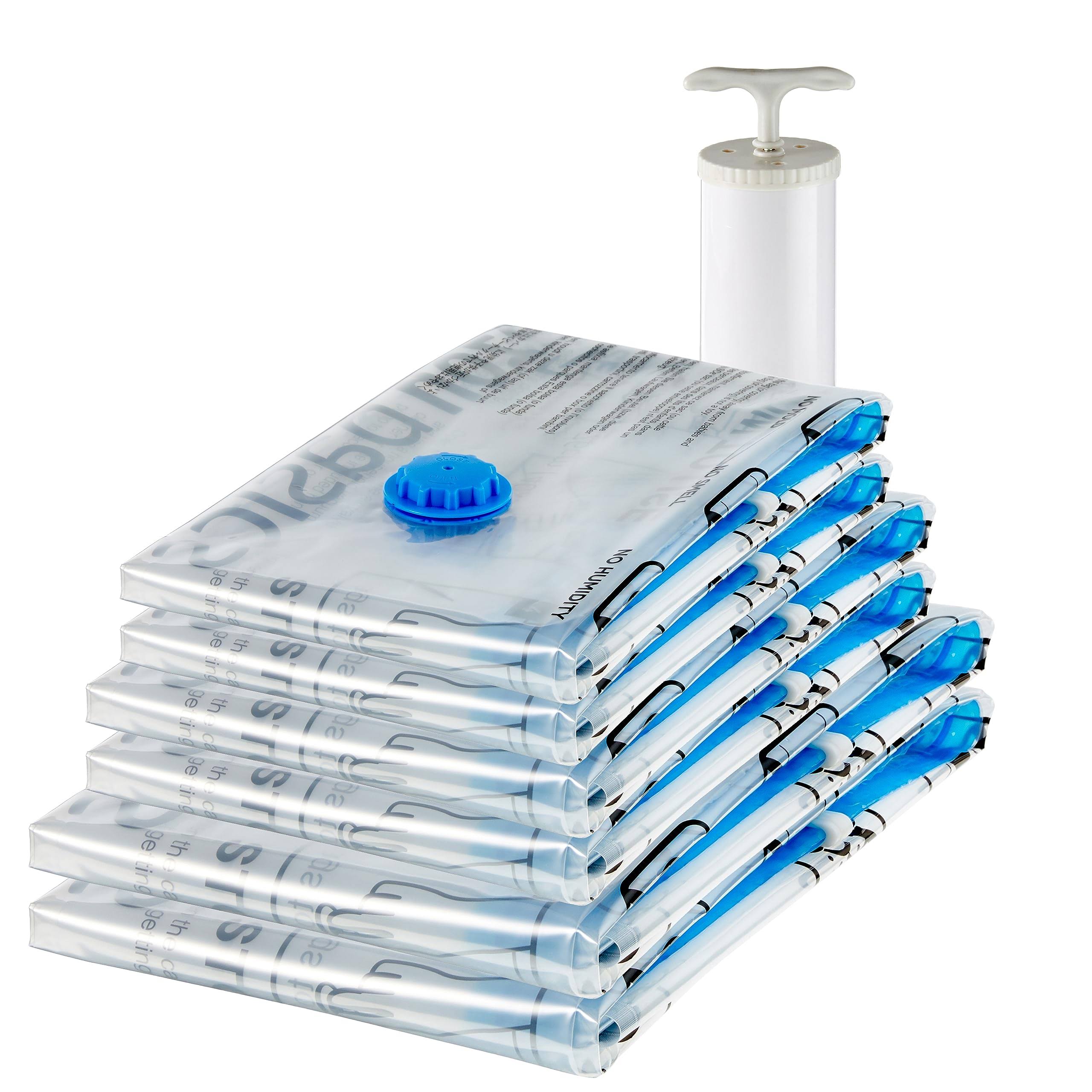 Basics Vacuum Compression Storage Bags with Hand Pump - 6-Pack (2 Jumbo, 2 Large, 2 Medium)