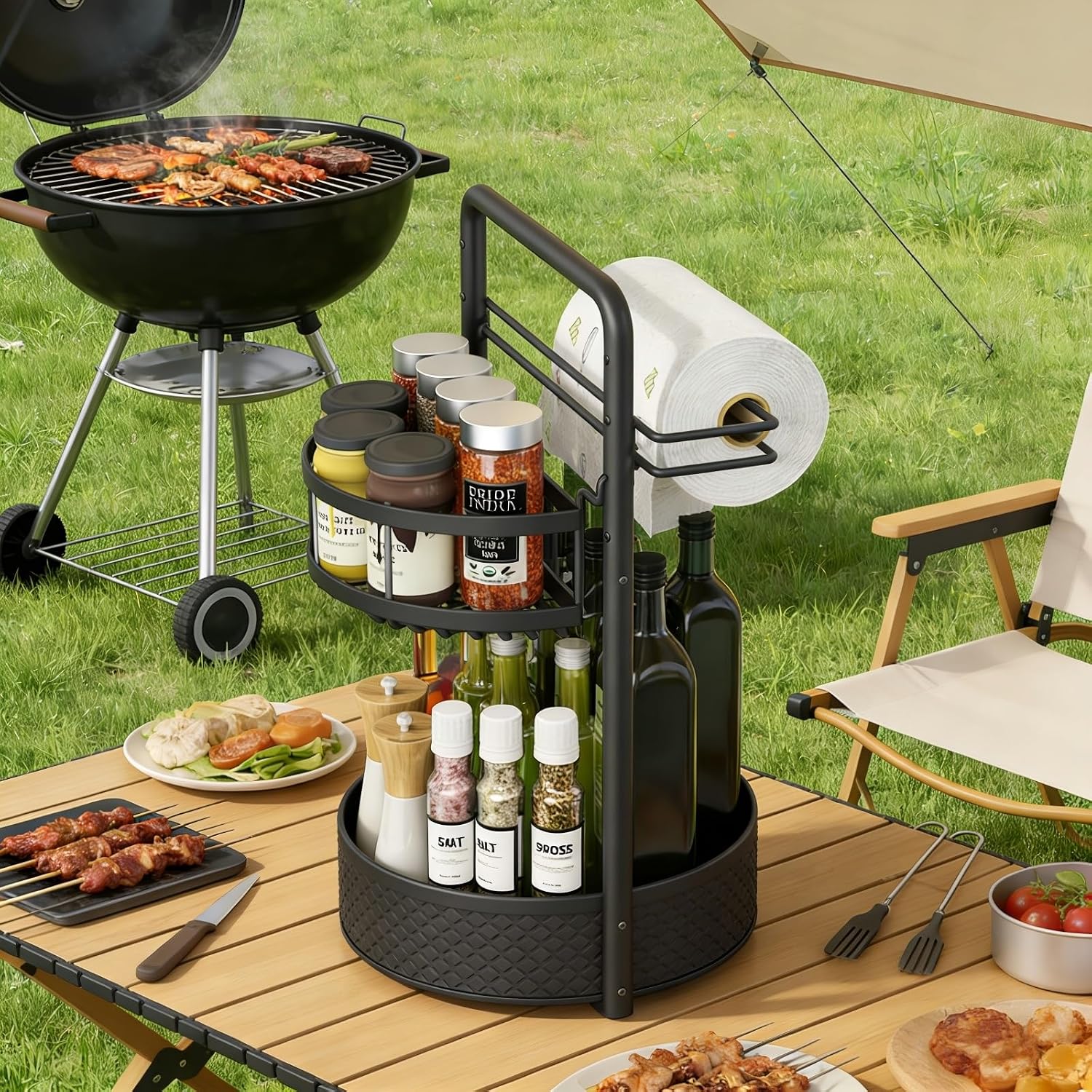 Rotating Spice Rack with Paper Towel Holder, Black