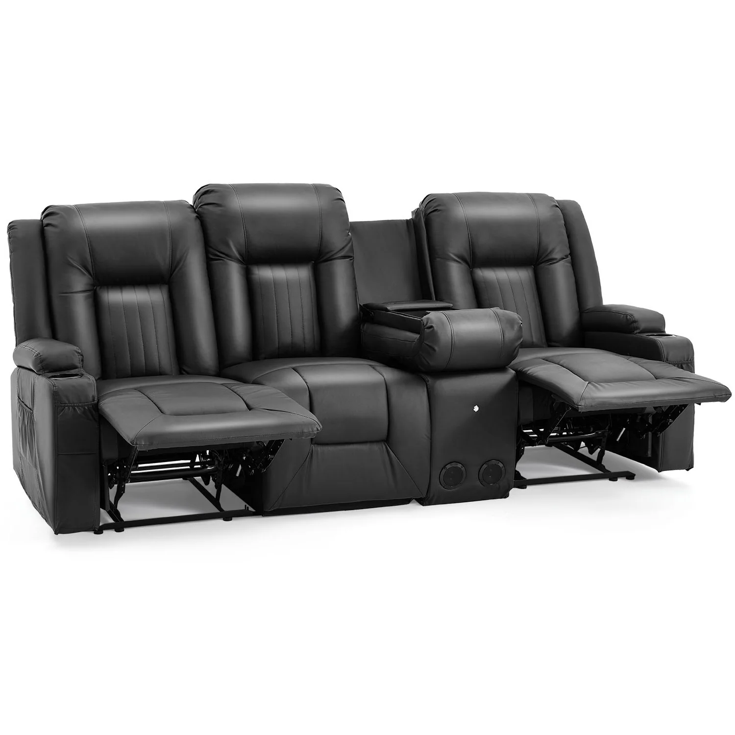 AECOJOY 3 Seater Recliner Sofa with Console&Bluetooth Speakers, Manual RV Sofa Couch, Black
