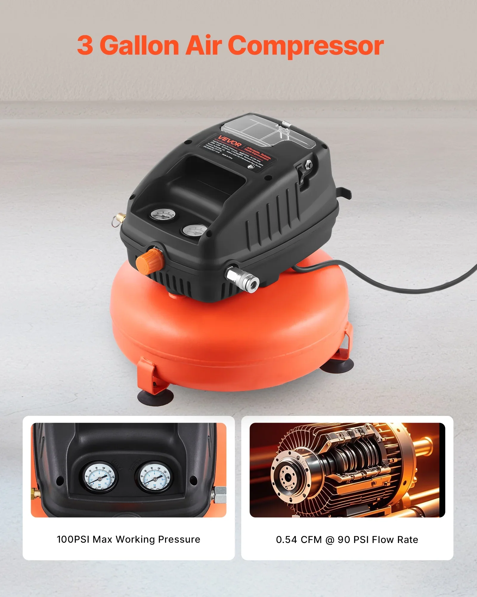 VEVOR 3 Gallon Air Compressor,1/3HP 0.54CFM @ 90PSI Portable Pancake Air Compressor & 100PSI Max Working Pressure, Oil-Free Compressor Tank for Tire Inflation, Spray Painting, Woodwork Nailing, 120V