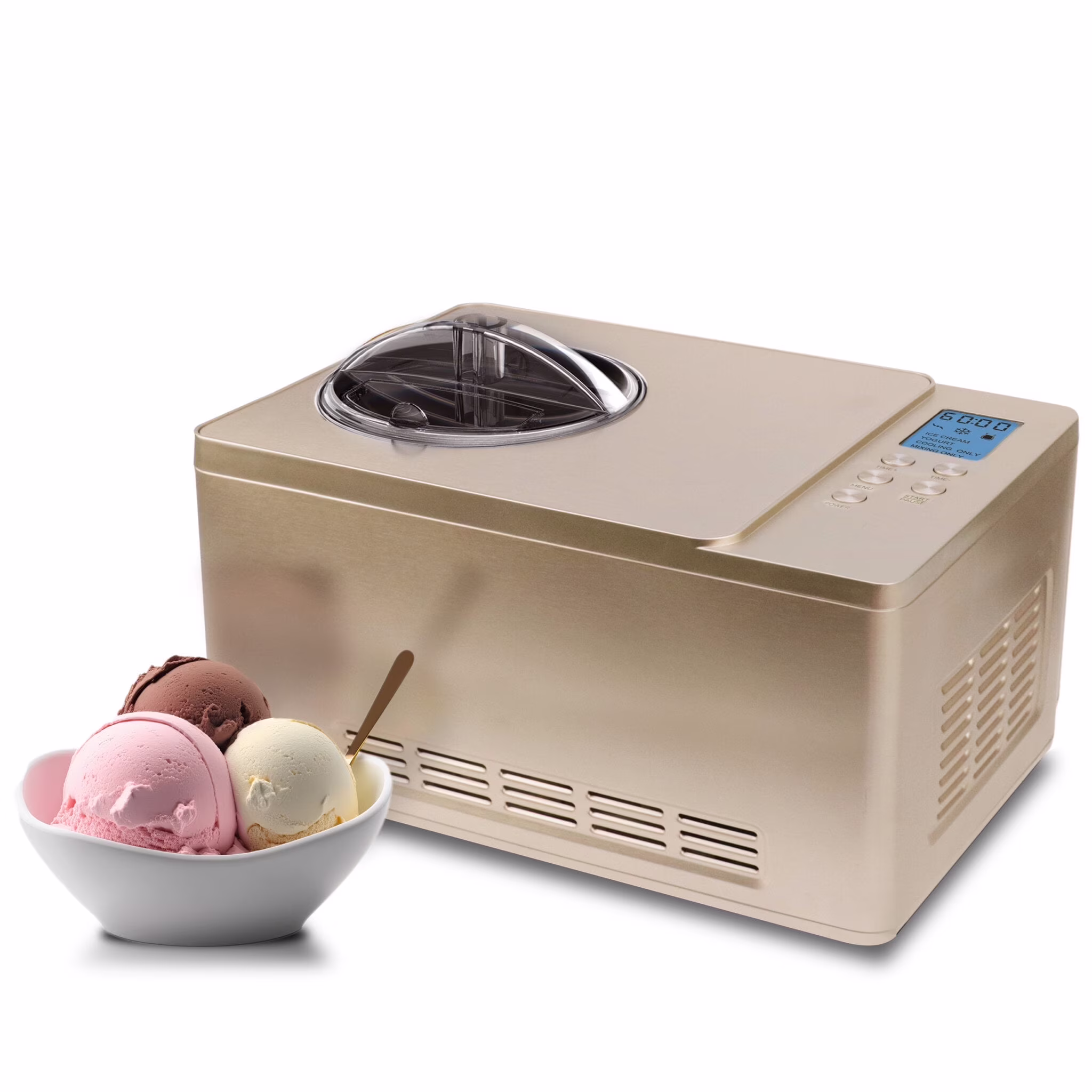ICM-220CGY 2 Quart Capacity Automatic Compressor Ice Cream Maker Yogurt Function with Stainless Steel Bowl in Champagne Gold