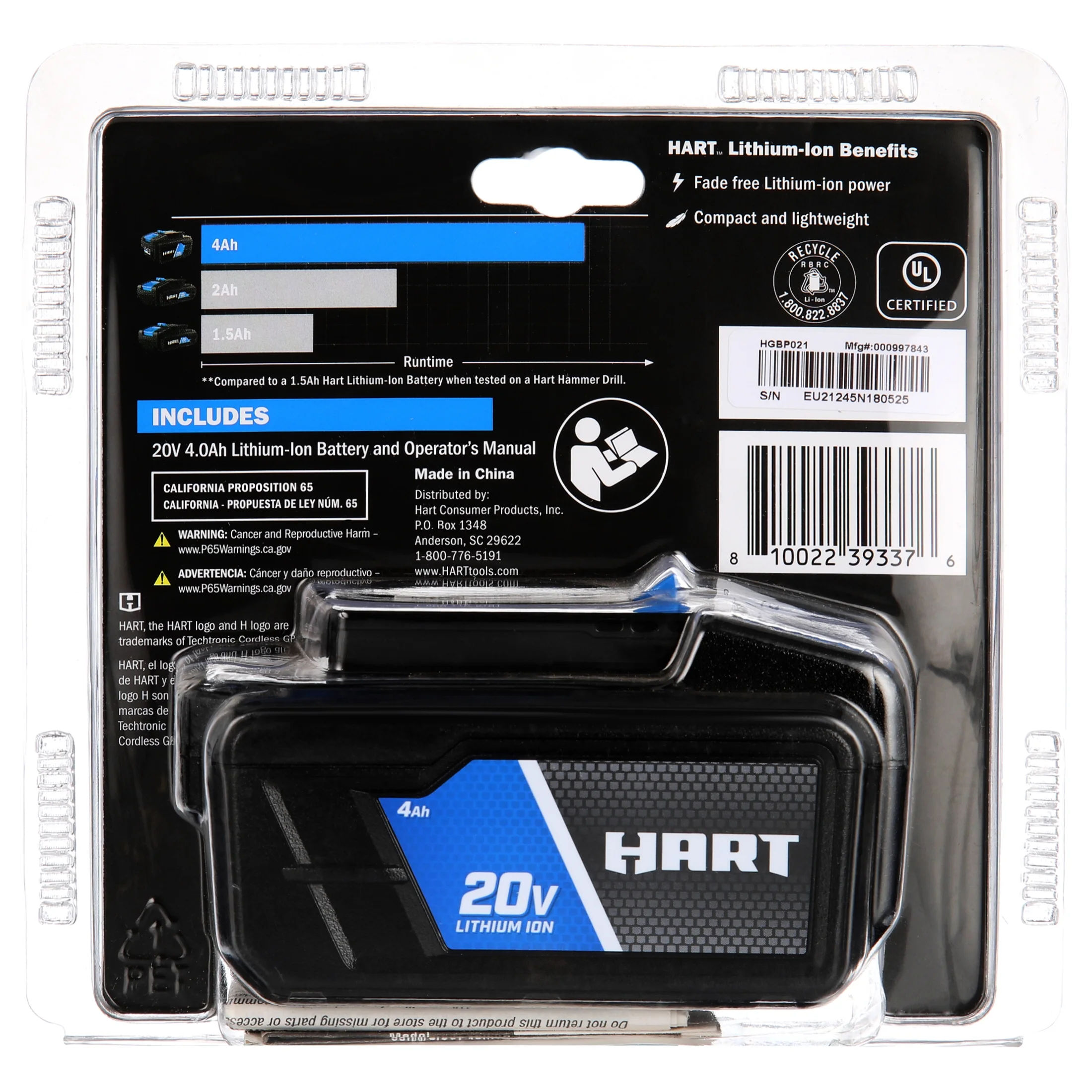 HART 20V Lithium - Ion 4.0ah Battery (Charger Not Included)
