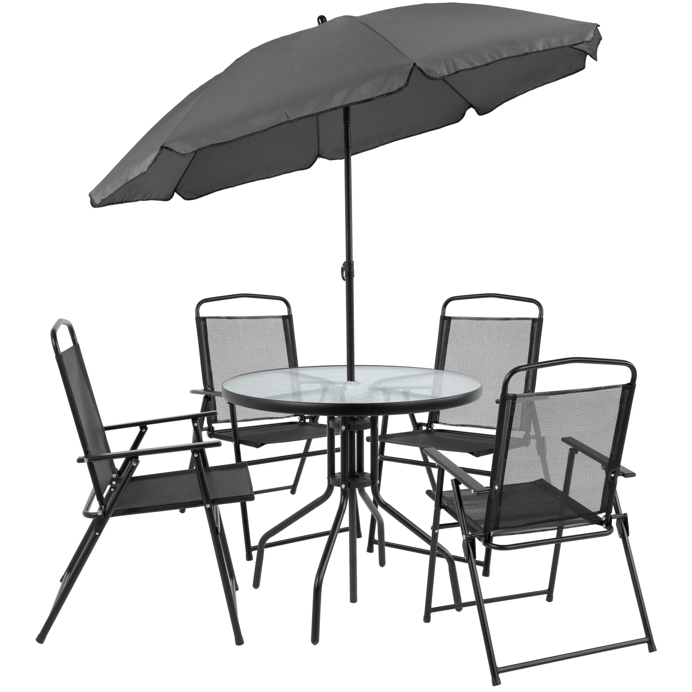 Flash Furniture Nantucket 6 Piece Black Patio Garden Set with Umbrella Table and Set of 4 Folding Chairs