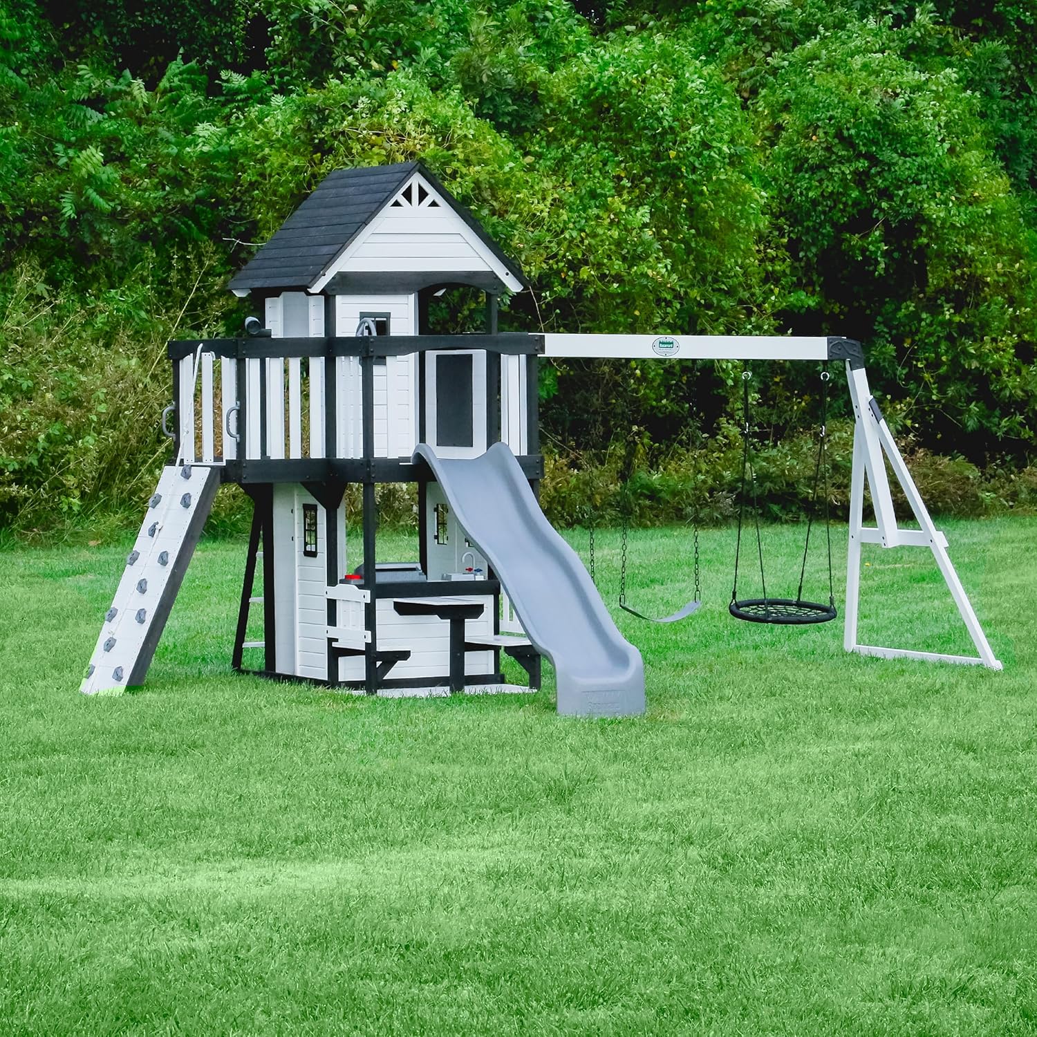 Canyon Creek Cedar Wood Swing Set with Wave Slide, Clubhouse, Play Kitchen, Picnic Area, Belt Swings, Web Swing, Rock Wall, Balconies,…