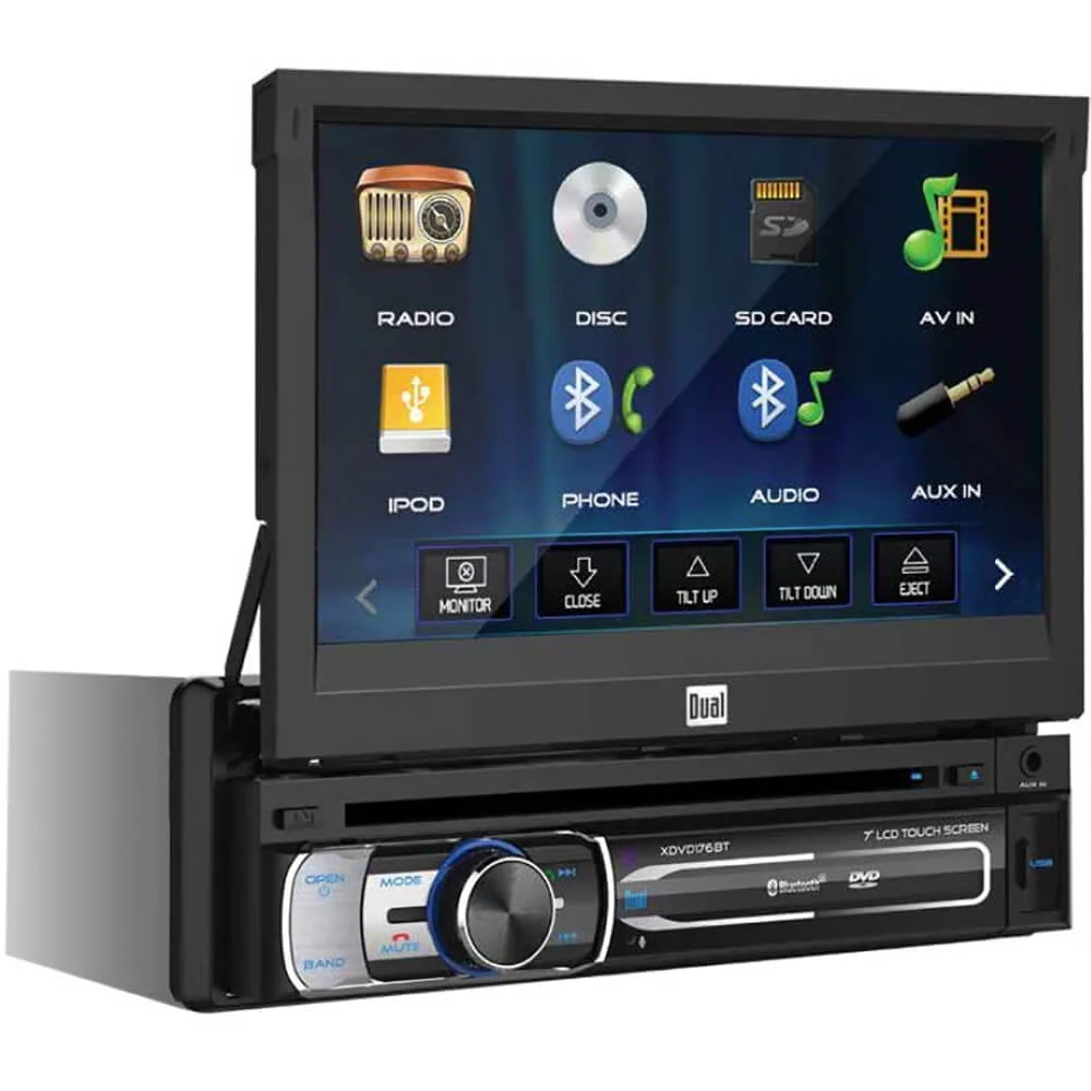 Dual Electronics XDVD176BT 7 - Inch LED Backlit LCD Multimedia Retractable and Detachable Touch Screen Single Din Car Stereo with Built - in Bluetooth, Iplug, CD/DVD Player and USB/Microsd Ports