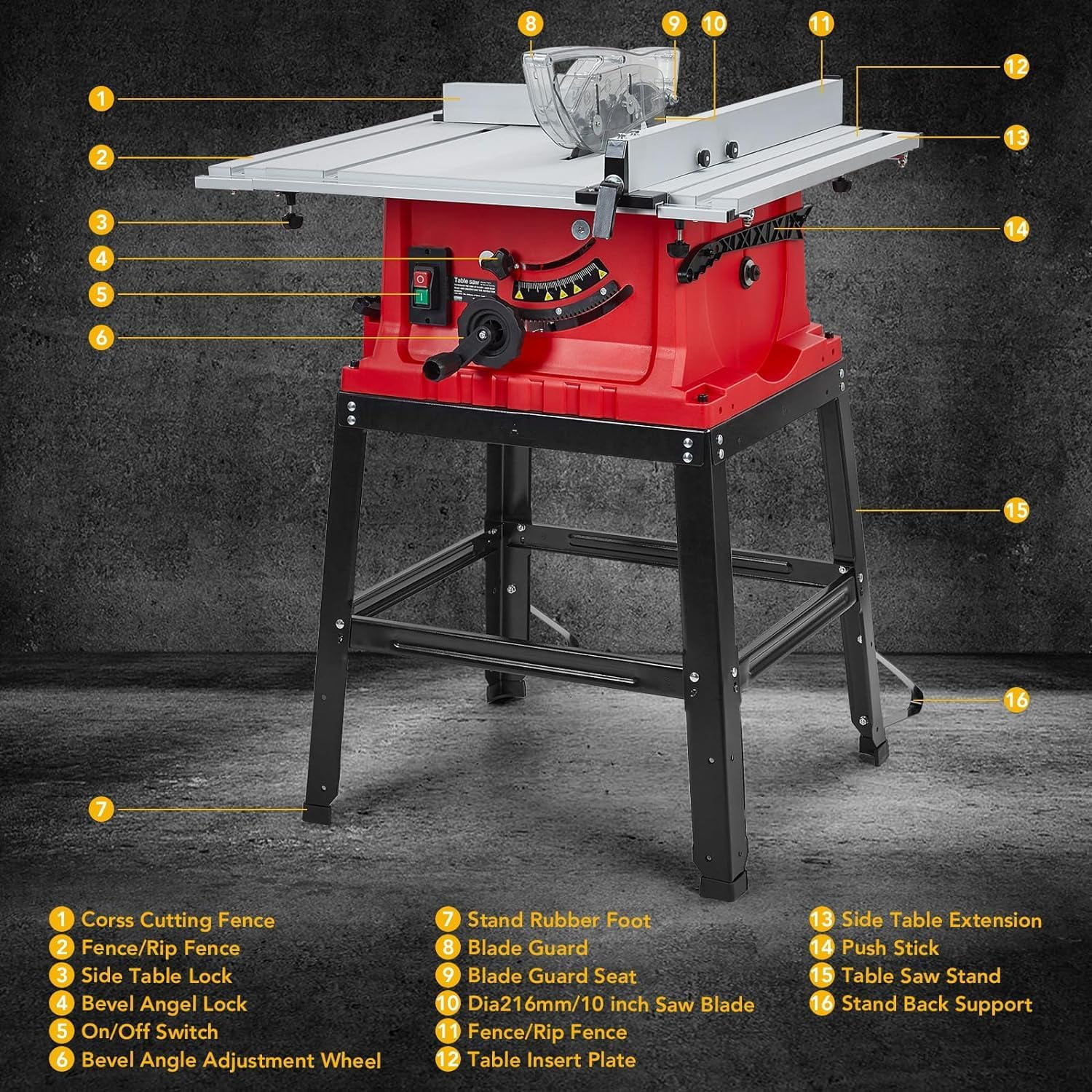 1800W, 15A 10in Portable Table Power Saw, 5000 RPM(Red) - Image 6