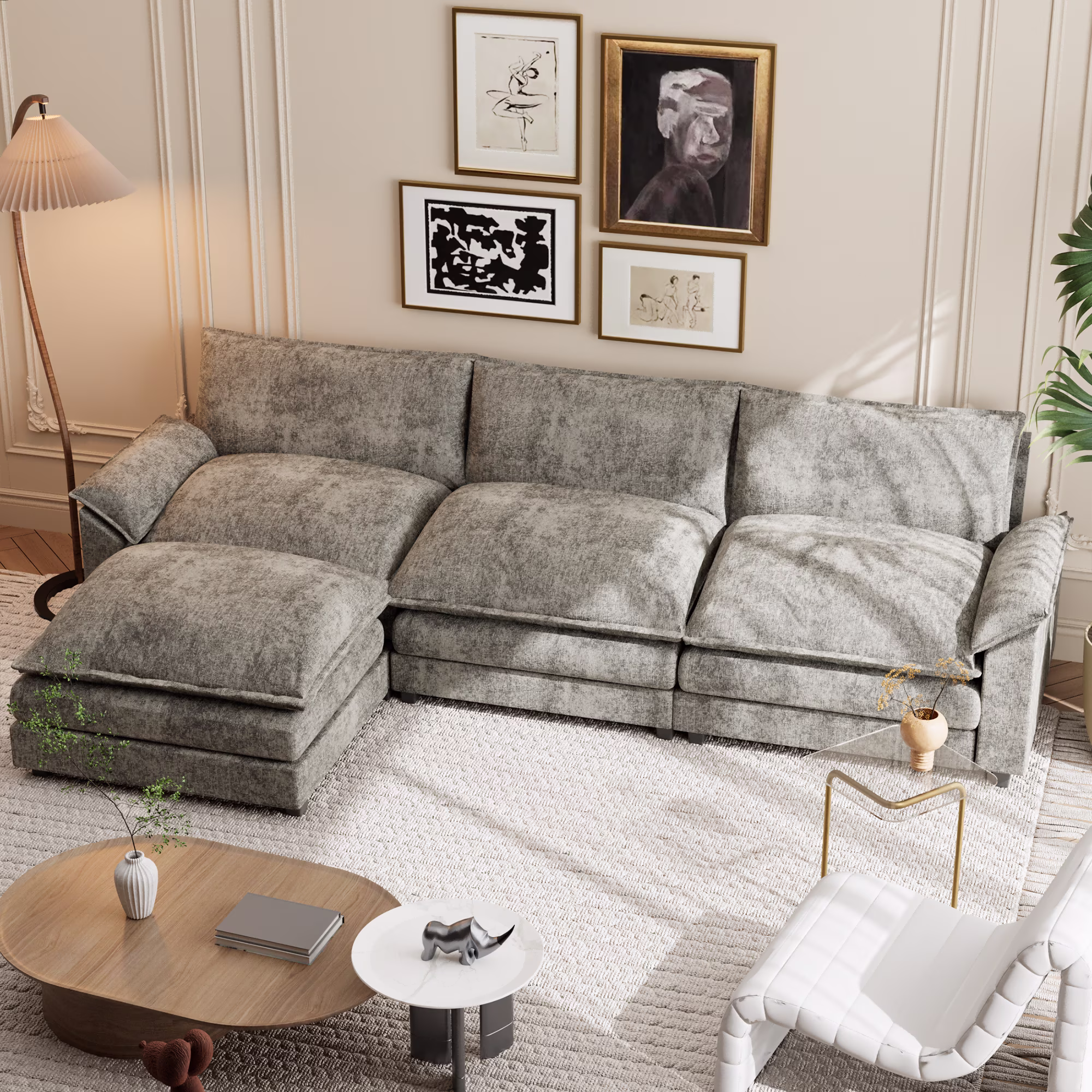Sectional Sofa 3-seat L-shaped Sofa with reversible toffee chair Movable Footrest Sofa,Gray(Gray)