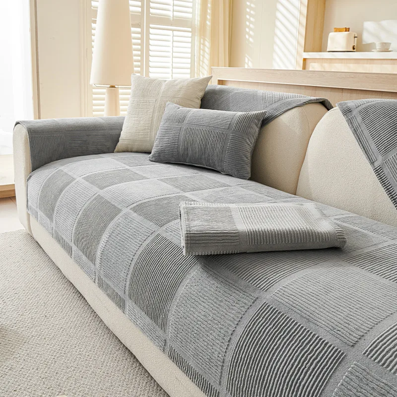 Plush Cream Geometric All Seasons Non-Slip Couch Cover