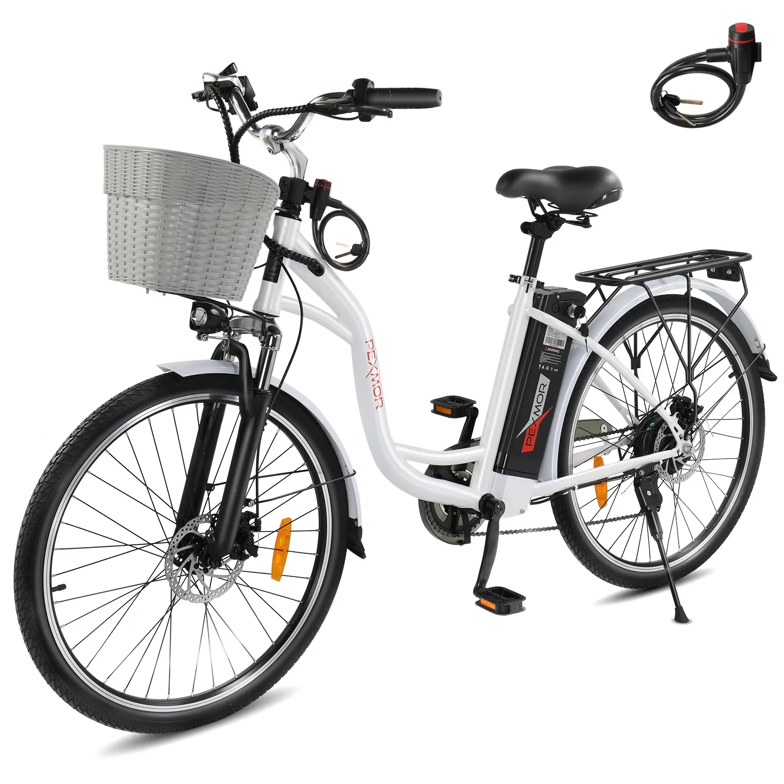 PEXMOR Electric Bike for Adults, 350W (Peak 500W) City Commuter Ebike 36V 12.5AH Removable Battery, 26 Cruiser Electric Bicycle Shimano 6-Speed | Dual Shock Absorber | Basket