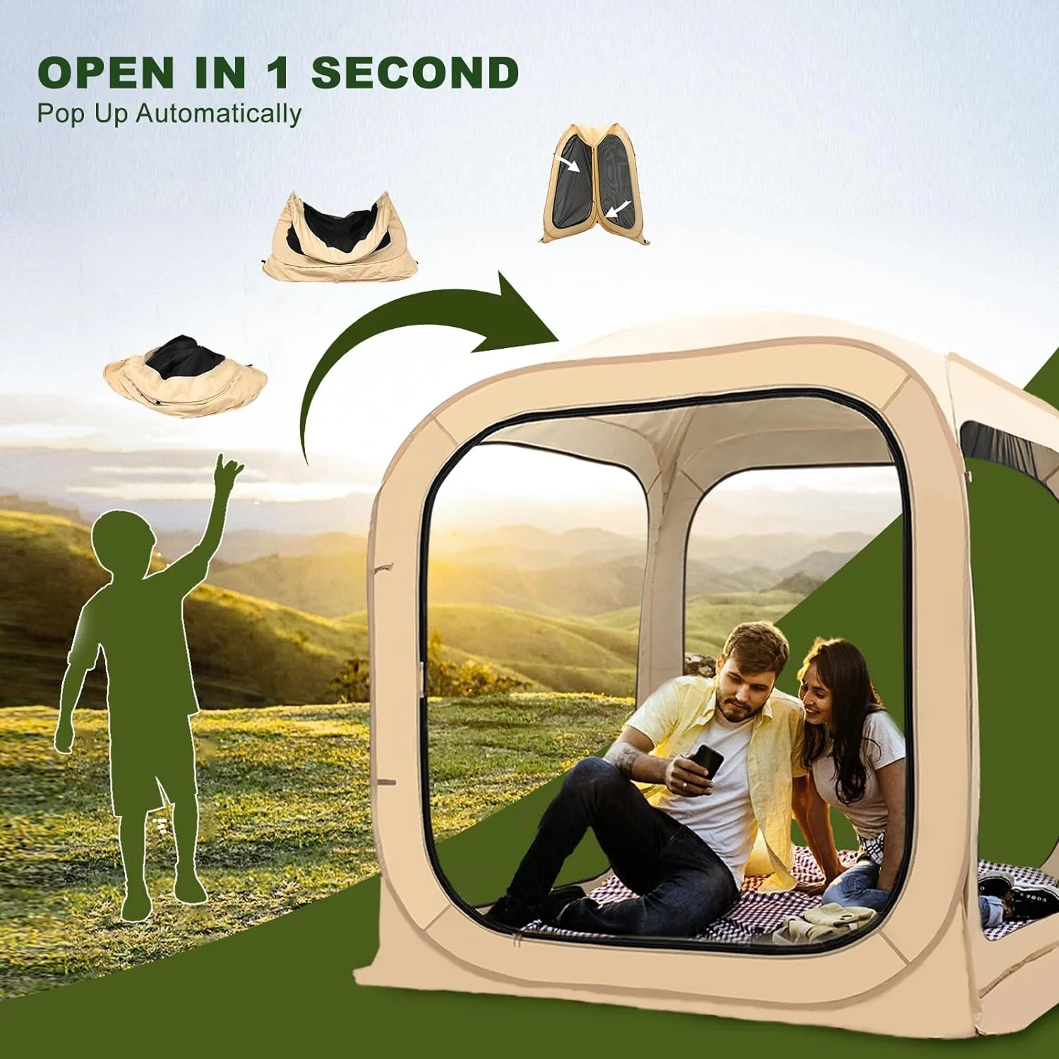 Sports Tent Pop up Weather Pod Outdoor Screen House Pod Tent Shelter for up to 6 People, 71in Large Instant Weatherproof Pop up Tent with Clear View for Camping(Mesh/71" x 71" x 71") - Image 2