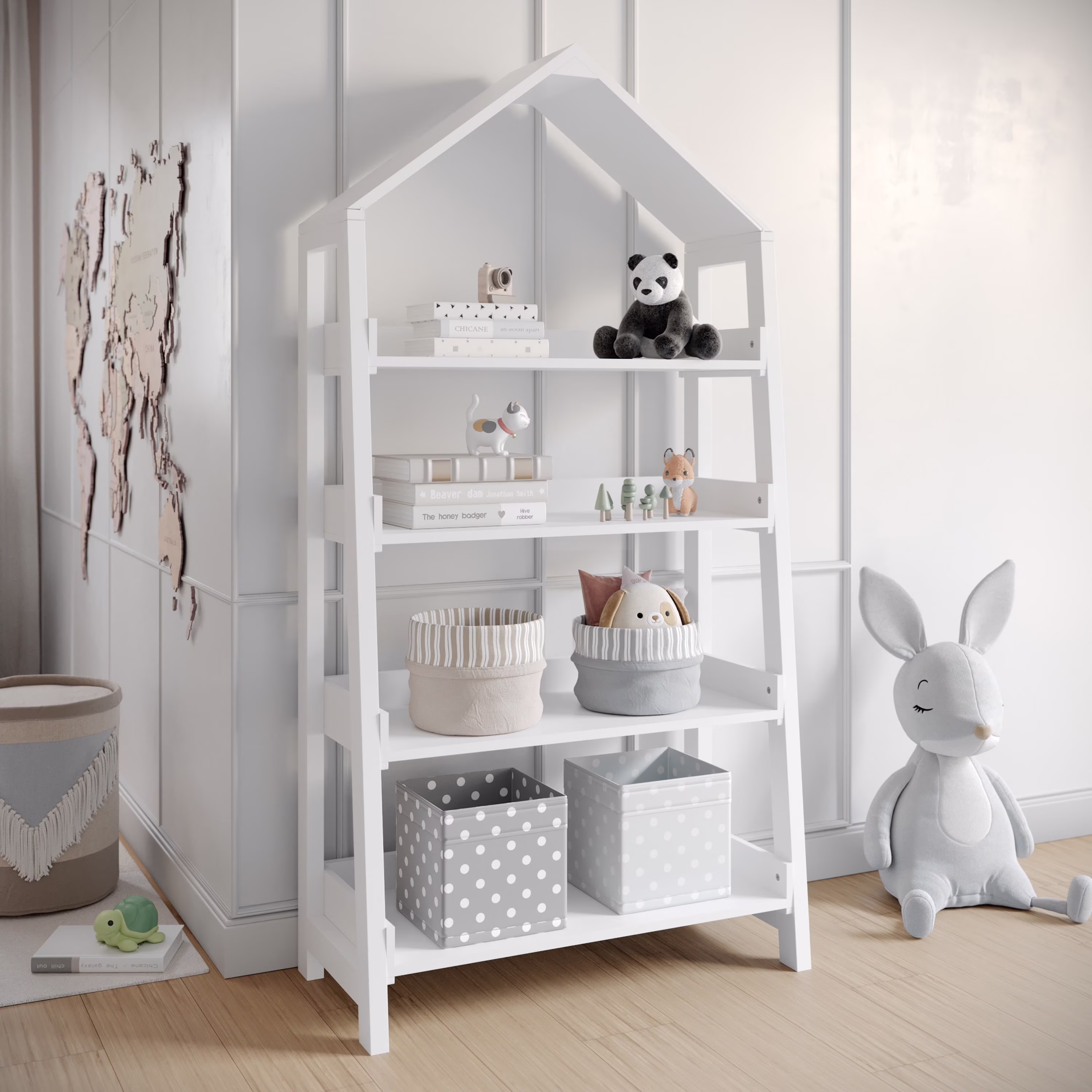 Kids Open-Style Wooden Bookshelf with 4 Shelves and Covered Triangular Top, Natural(Natural) - Image 3