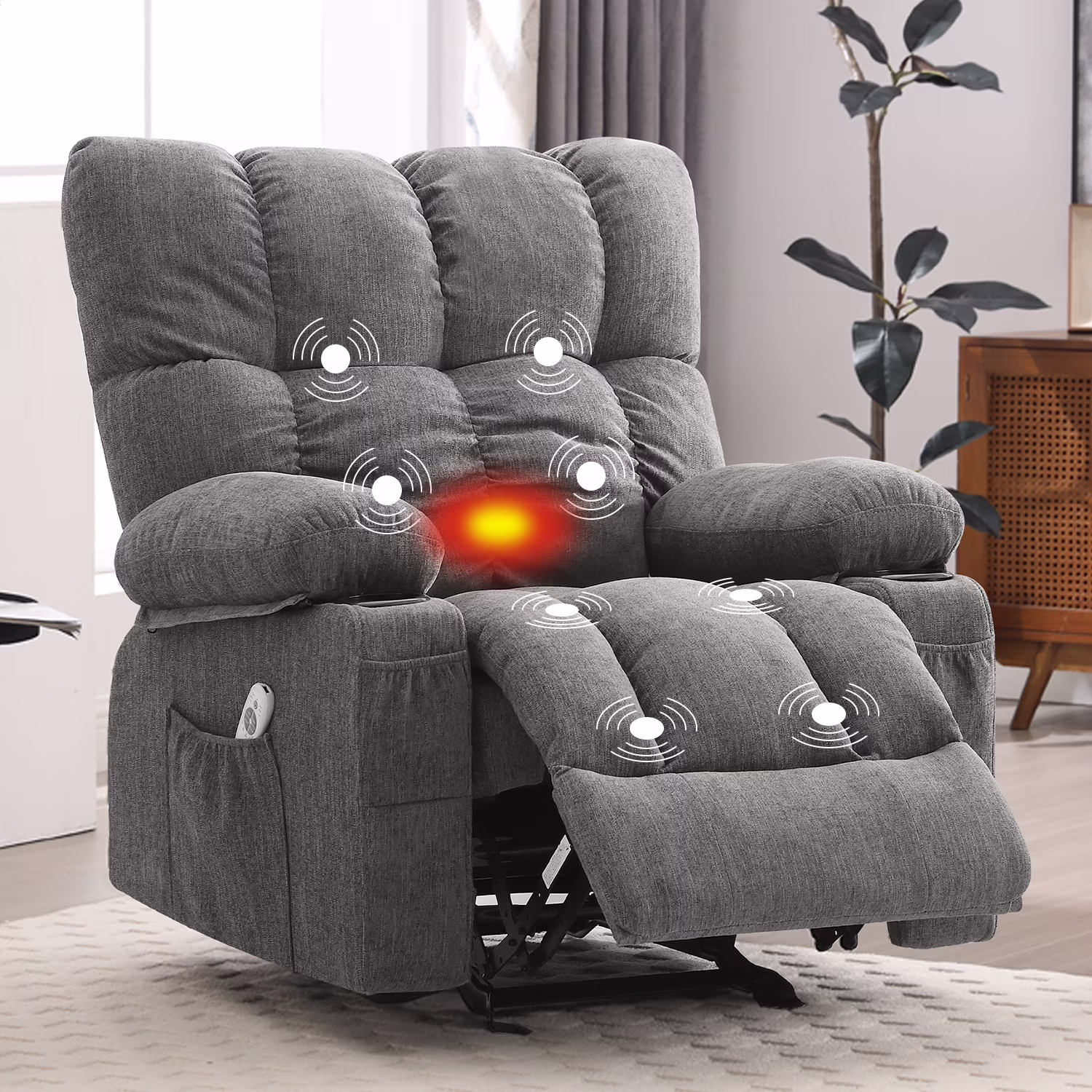 Manual Recliner Chair with Heat Therapy and Massage Function, Heavy Duty Reclining Mechanism Massage Chair, Elderly Single Rocker Sofa with Cup Holders for Bedroom Home Theater,Grey(Regular-Grey)