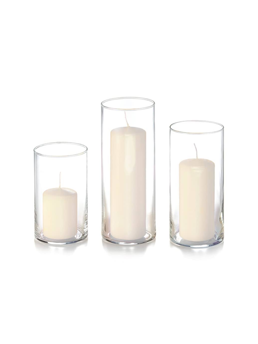 Yummi Set of 12 Slim Pillar Candles and Cylinder Vases - Ivory