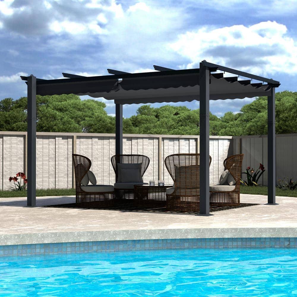 Veikous 10 ft. x 13 ft. Dark Grey Aluminum Outdoor Patio Pergola with Retractable Sun Shade Canopy Cover, Gray