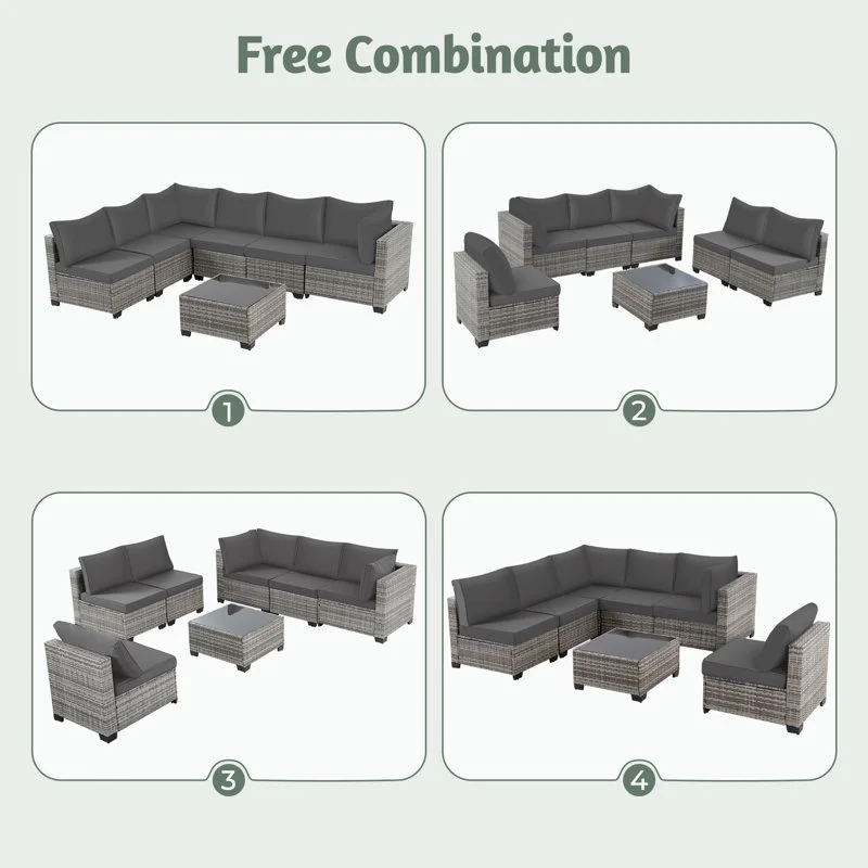 7 Pcs Outdoor Patio Furniture Sofa Set on Sale, Grey Rattan Grey Cushion(7PCS/Grey Rattan/Grey Cushion) - Image 4