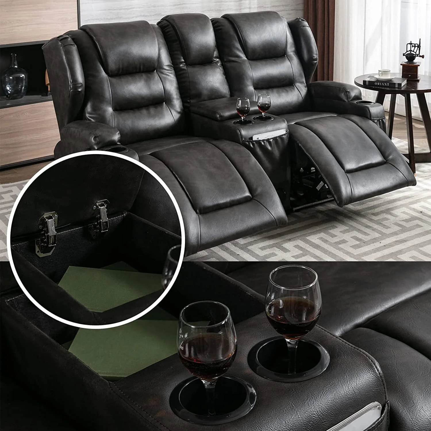 Electric Home Theater Seating- Power Recline Chair Loveseat RV Sofa with Console, 67" Double Recliner 2-Seater RV Couch with Storage/USB Charging/Lighting/Cup Holders for Living Room(Black) - Image 8