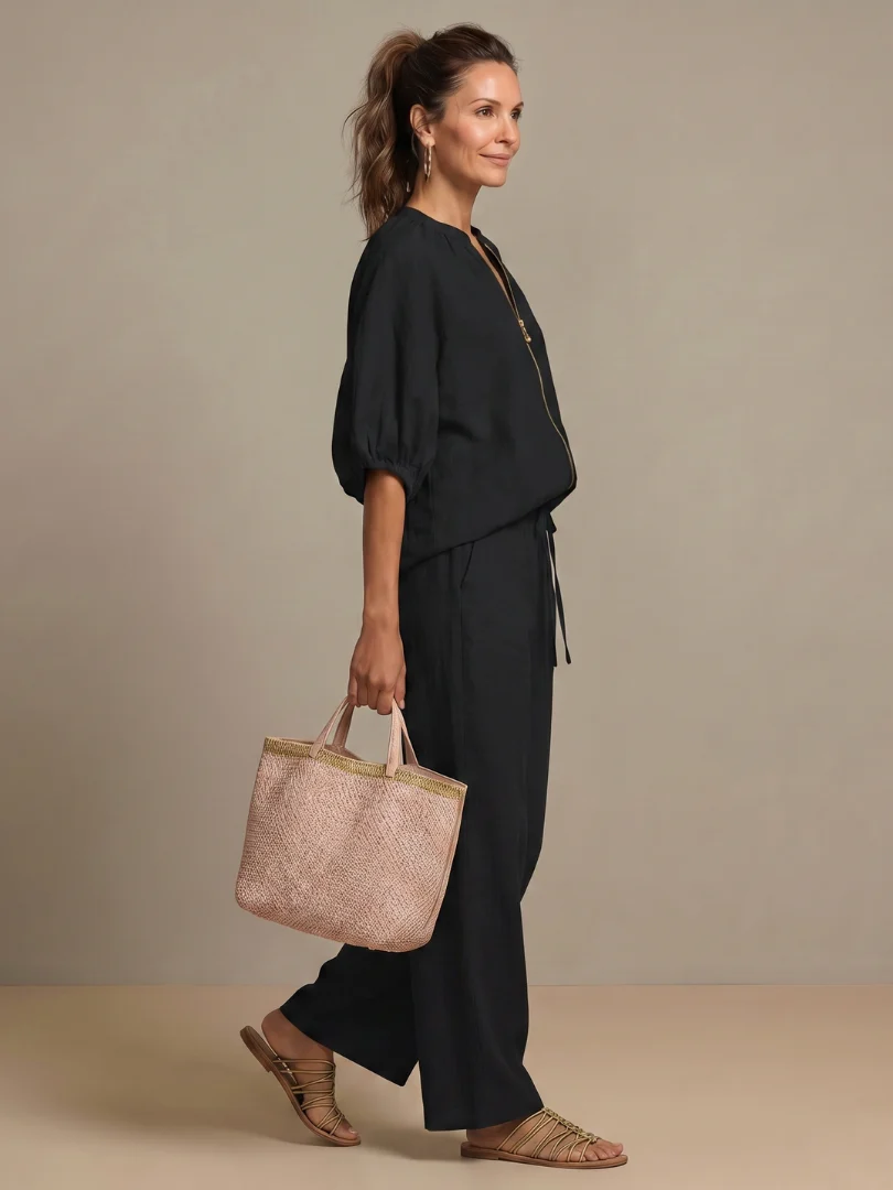 Ensemble blouse zippée et pantalon à jambes larges pour femme