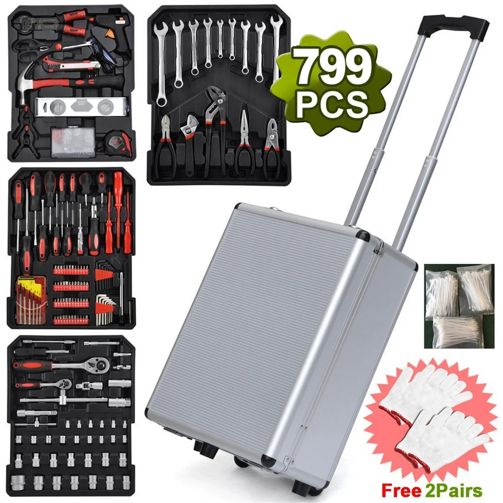 799 Pieces Professional Mechanics Hand Tool Set, Mobile Tool box on Wheels W/Ratchets&Socket, Screwdriver, Tongs, 4-layer Tool Case & Tool Kit, Silver