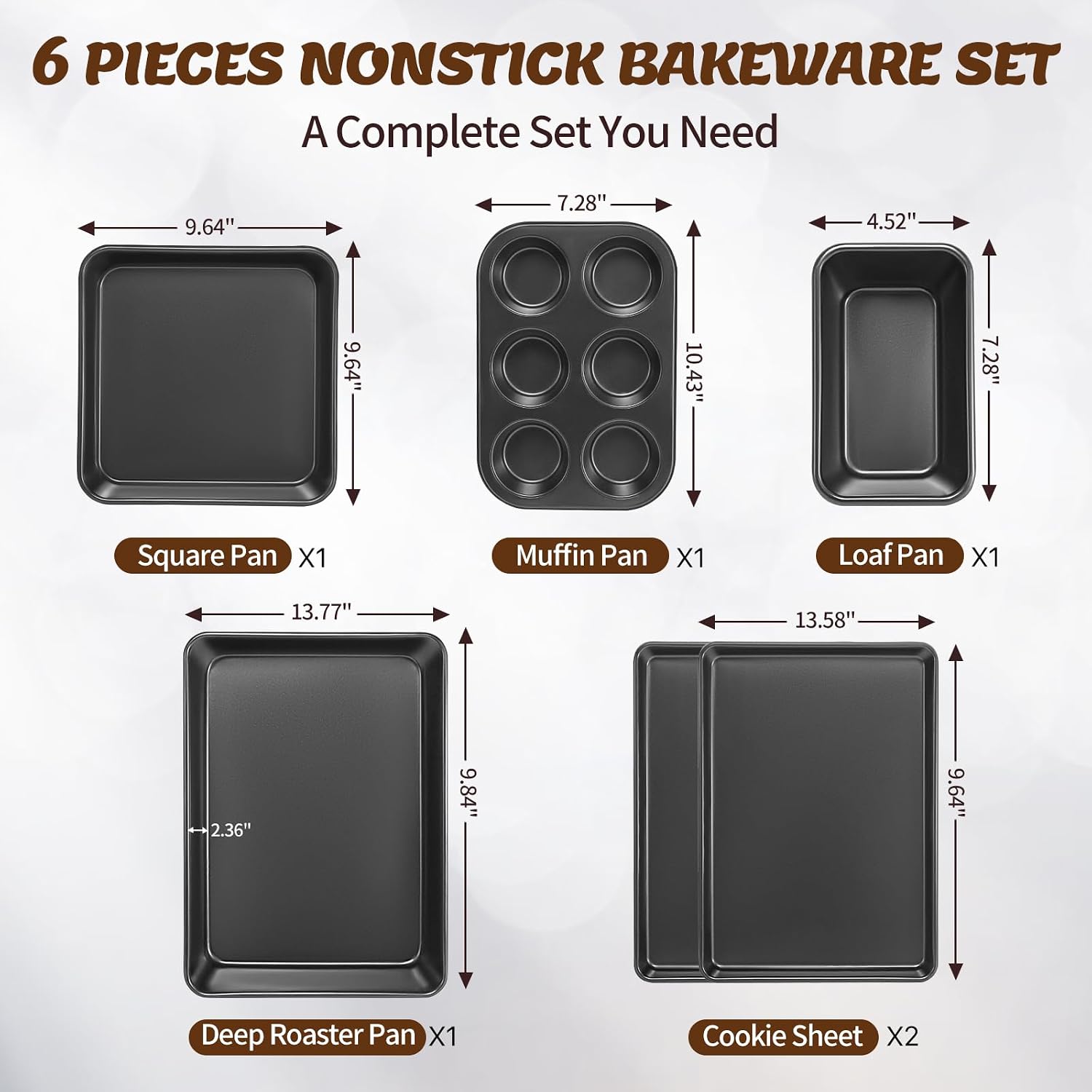 Baking Pans Set, Nonstick Bakeware Sets, Oven Pans for Cooking, AIVIKI 6 Pieces Baking Sheets Set Including Cookie Sheet, Deep Roaster Pan, Square Pan, Loaf Pan, Muffin Pan, Carbon Steel Baking Set