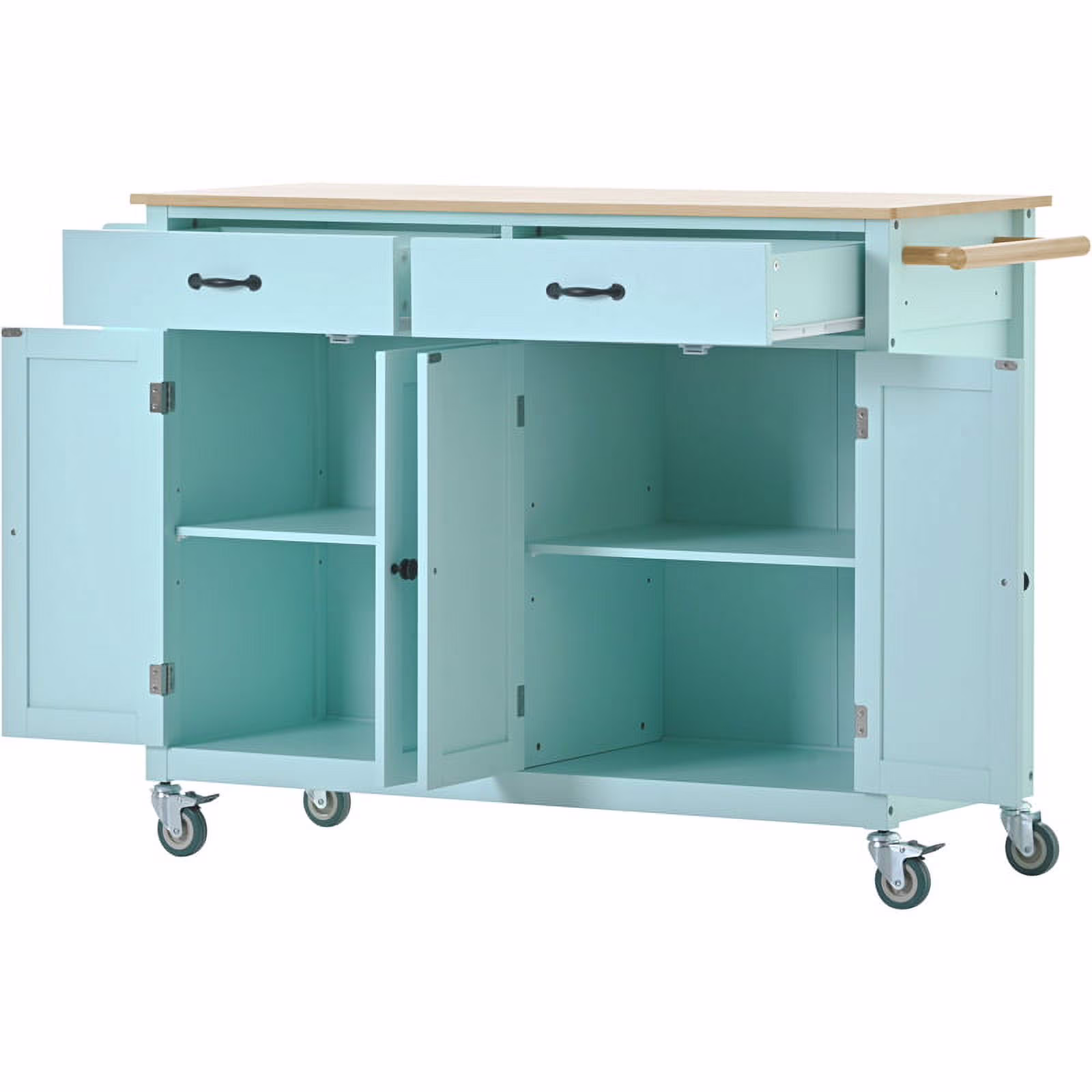 Kitchen Storage IslandsCarts with Solid Wood Top and Locking Wheels, Kitchen Island Cart with 4 Door Cabinet and Two Drawers, Kitchen Cabinets for Kitchen and Dining Room, Green(Green)