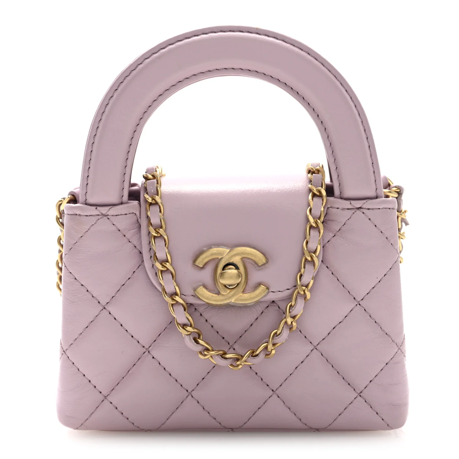 Shiny Aged Calfskin Quilted Mini Nano Kelly Shopper Light Pink