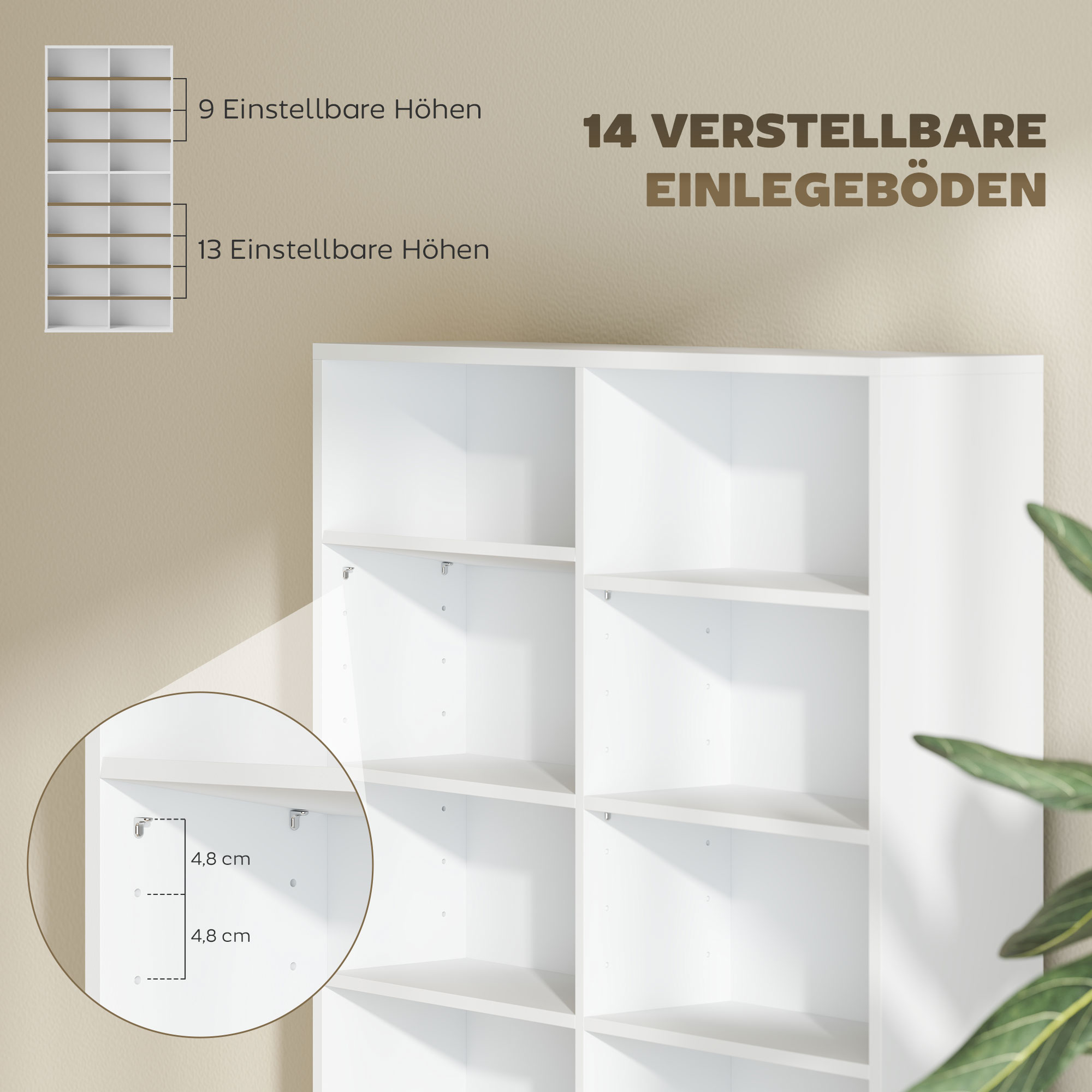 HOMCOM DVD-Rek, CD-Opslagrek, 14 Aanpasbare Planken, 18 Vakken, 175 cm, Blu-ray-Rek, Spaanplaat, Wit