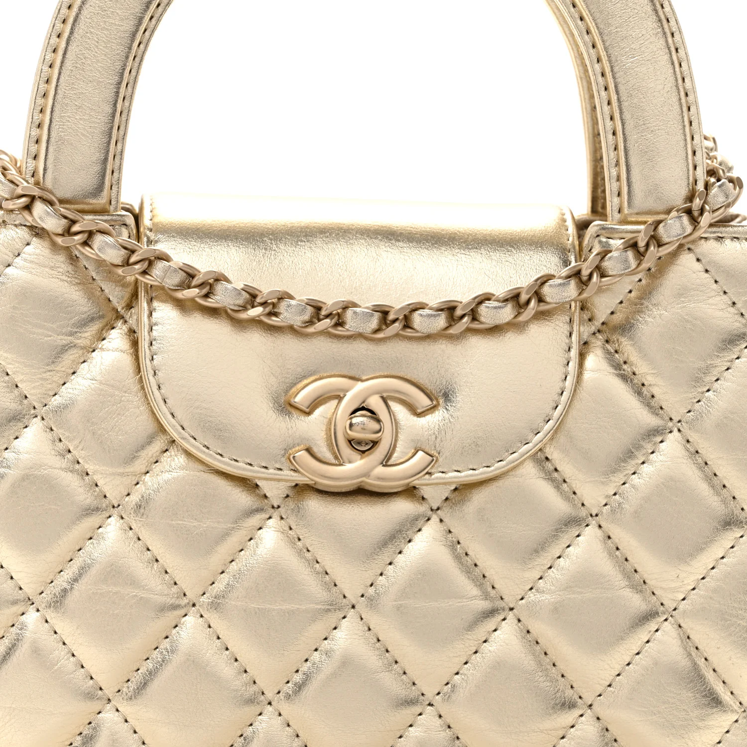 Metallic Shiny Aged Calfskin Quilted Nano Kelly Shopper Gold