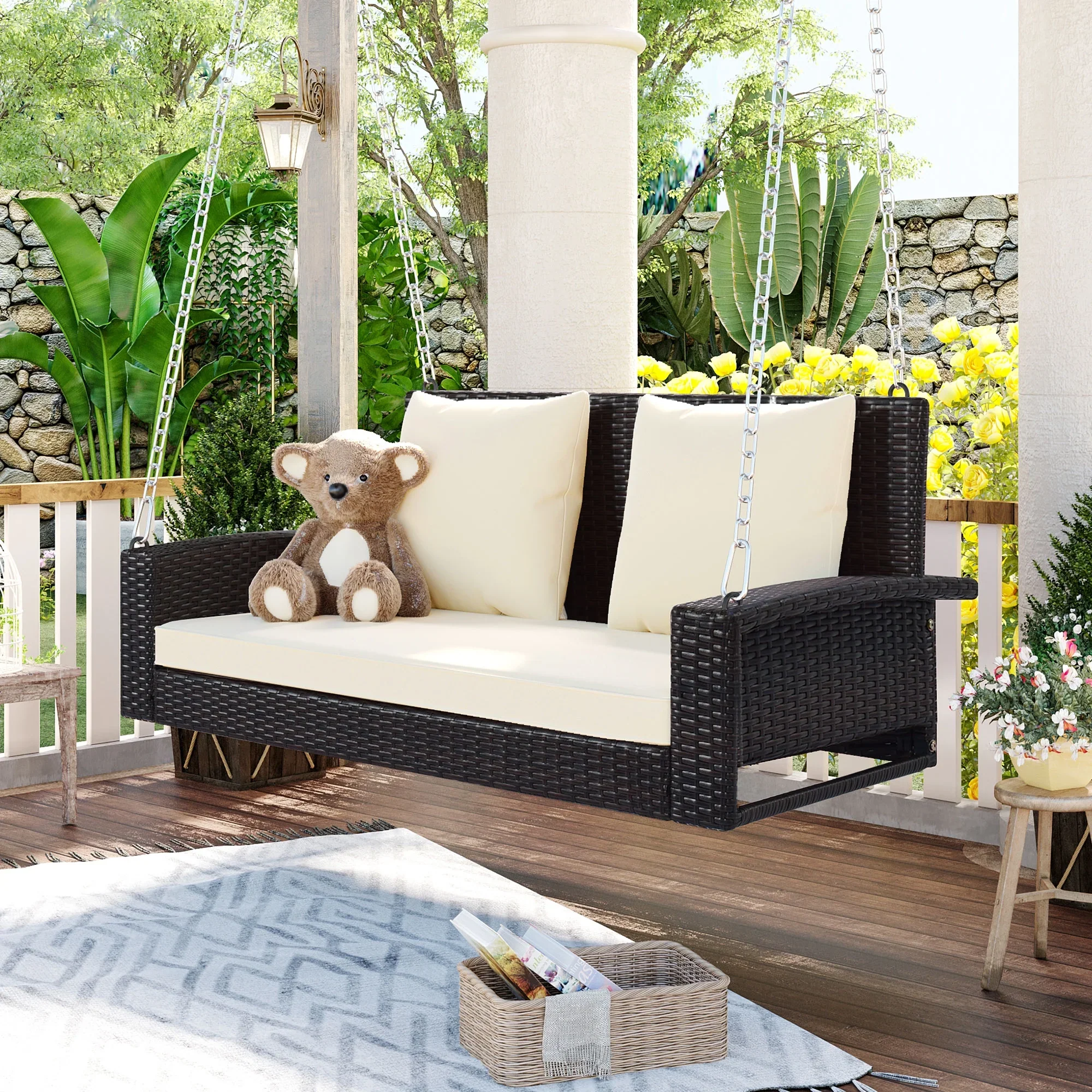 2-Person Wicker Hanging Porch Swing, Outdoor Rattan Swing Bench W/ 2 Back Cushions & 1 Seat Cushion, Sturdy Steel Chain, 500lbs Weight Capacity, Suitable for Deck, Backyard, Garden, Beige