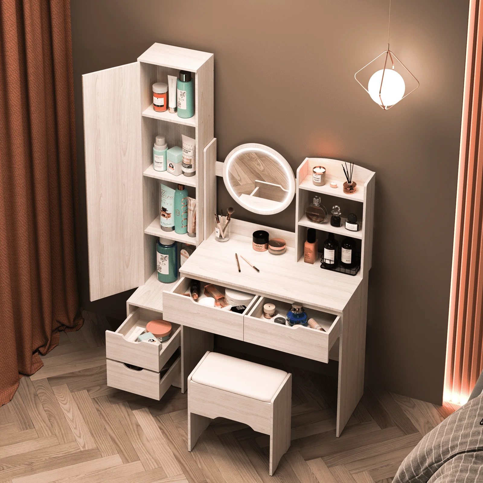 Lighted Vanity Table Set, Dressing Table with Full Length Mirror, Bedroom Makeup Table with Hidden Stoarge Cabinet, White Oak Color - Image 4