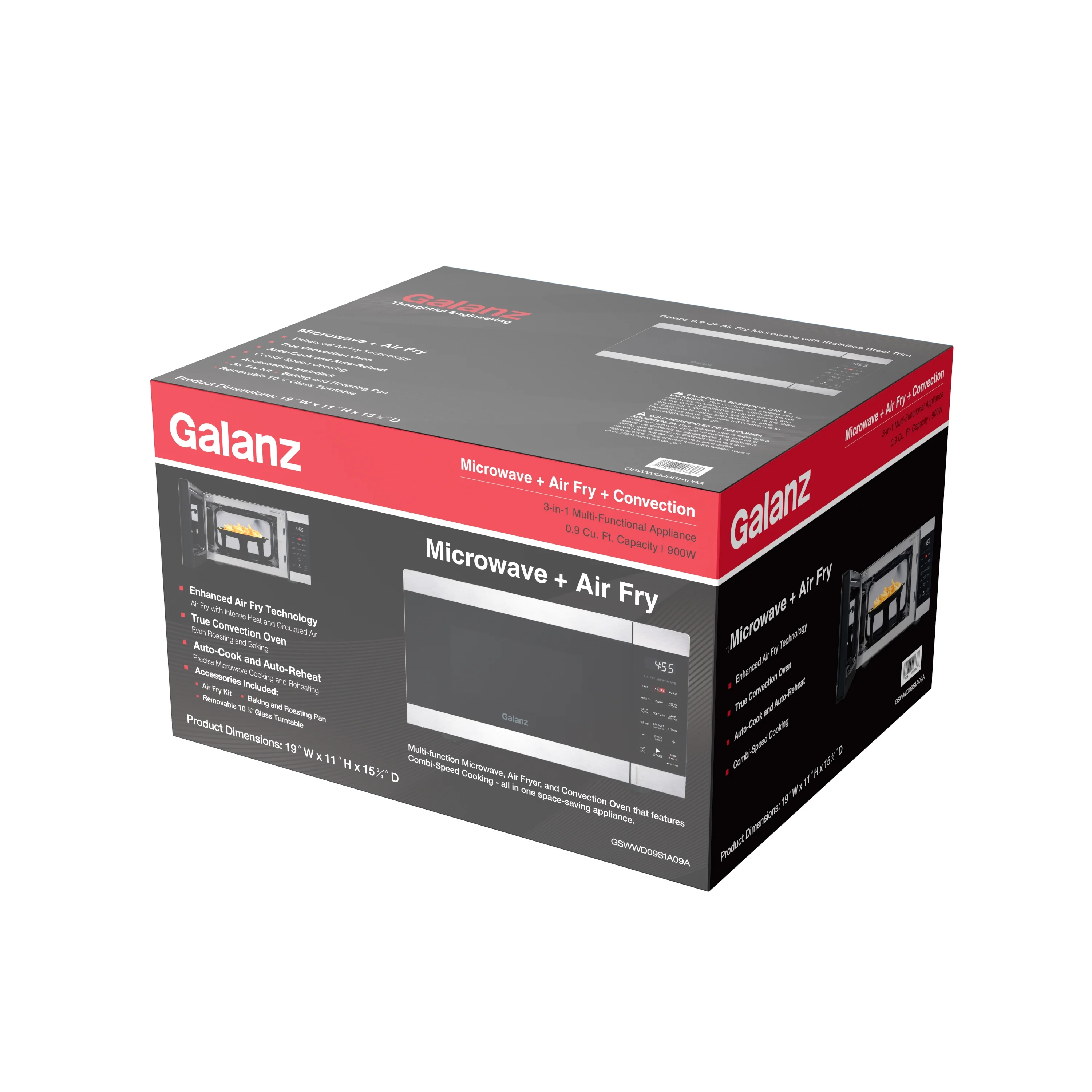 Galanz 0.9 cu ft Air Fry Countertop Microwave, 900 Watts, Stainless Steel, New