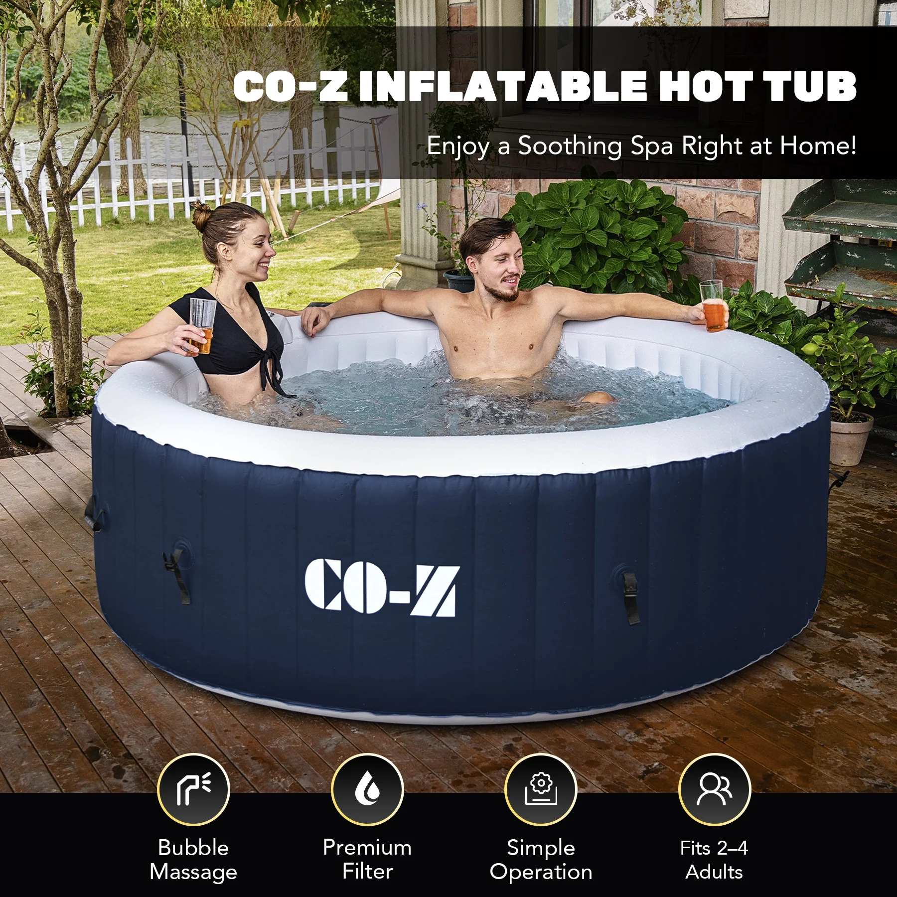 CO - Z Luxury Inflatable Hot Tub, 2 - 4 Adults, PVC, 120 Jets, Blue, 49 lb