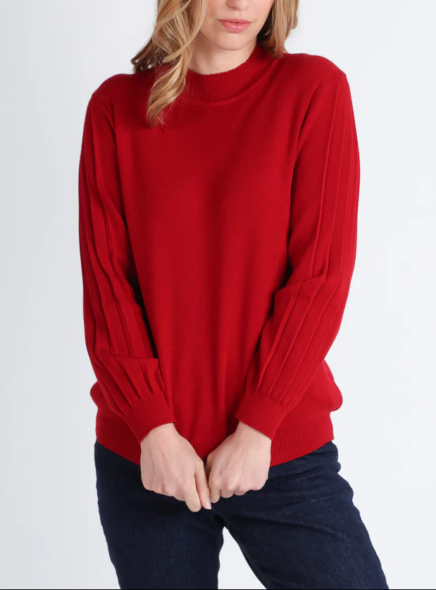 Pull femme en laine mérinos manches fantaisies Rouge foncé