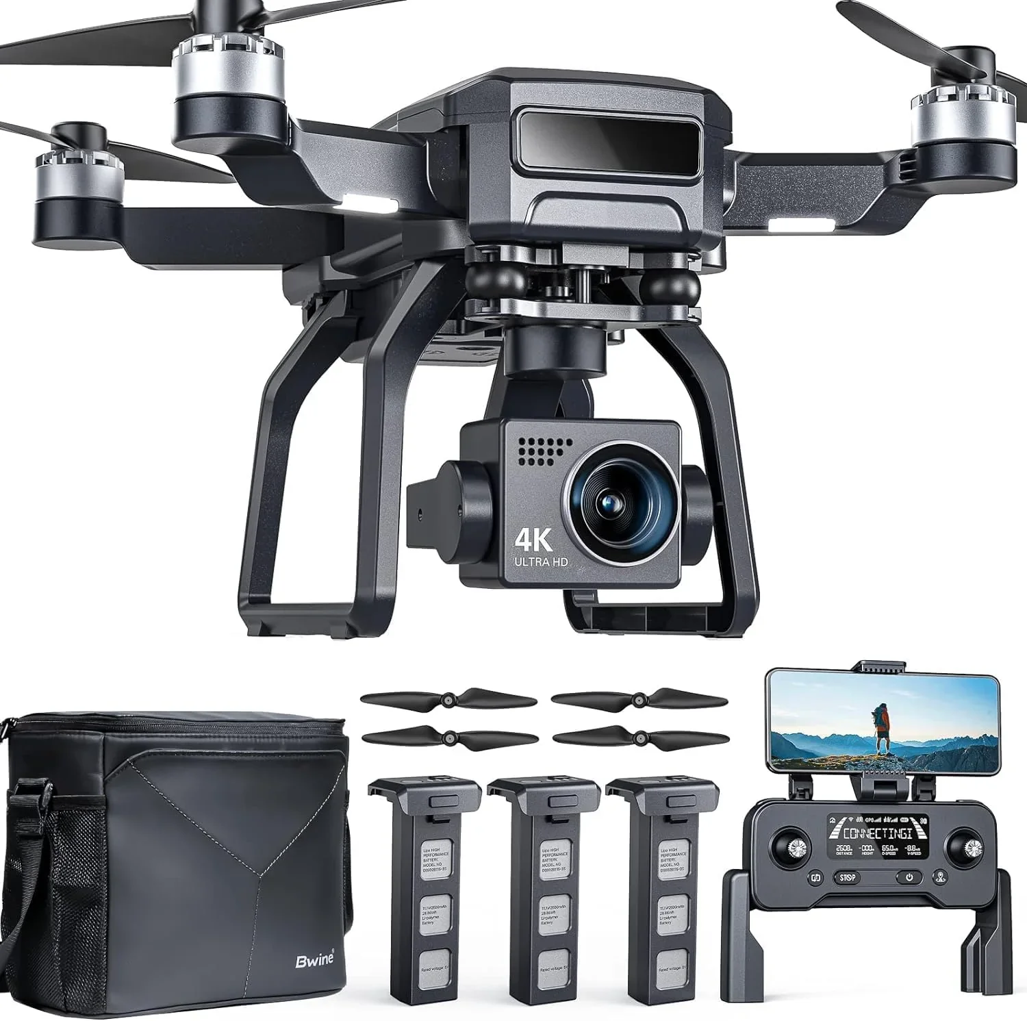 Drone caméra pour adultes avec prise de vue aérienne 4K UHD, nacelle 3 axes, portée de 3 048 mètres