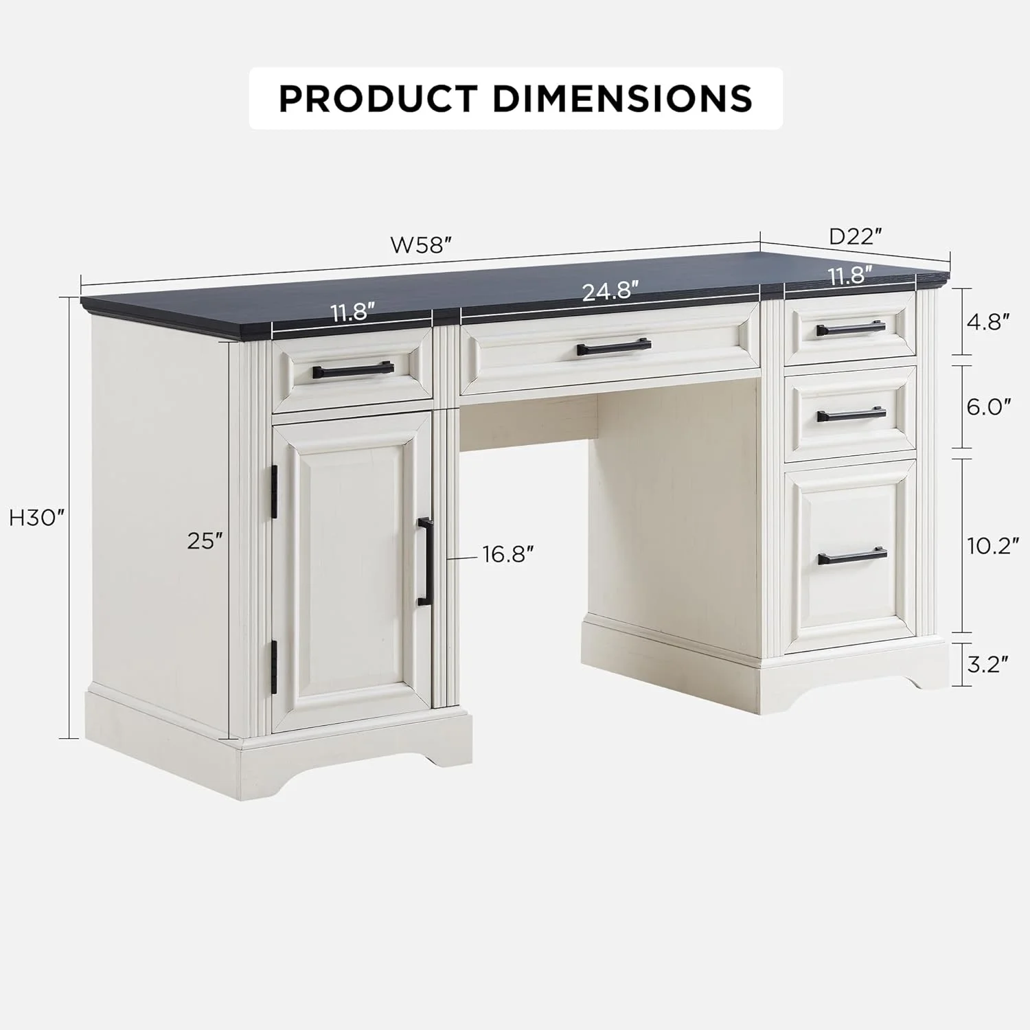 Farmhouse Wood 58" Executive Desk, Home Office 30" High Computer Desk with Drawers and Storage Cabinet, White(White) - Image 10
