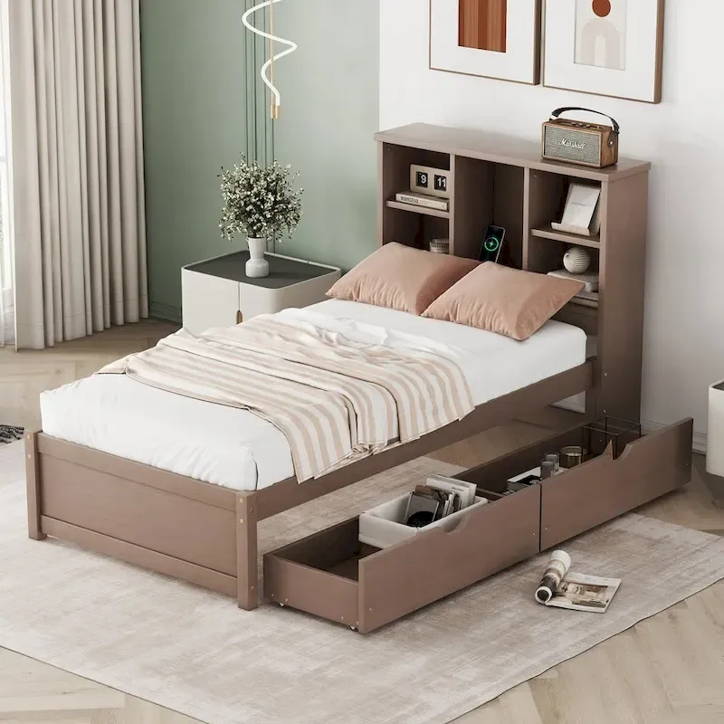 Contemporary Twin Bed Frame with USB Charging Port, Bookcase Headboard, and Dual Drawers for Bedroom or Living Room