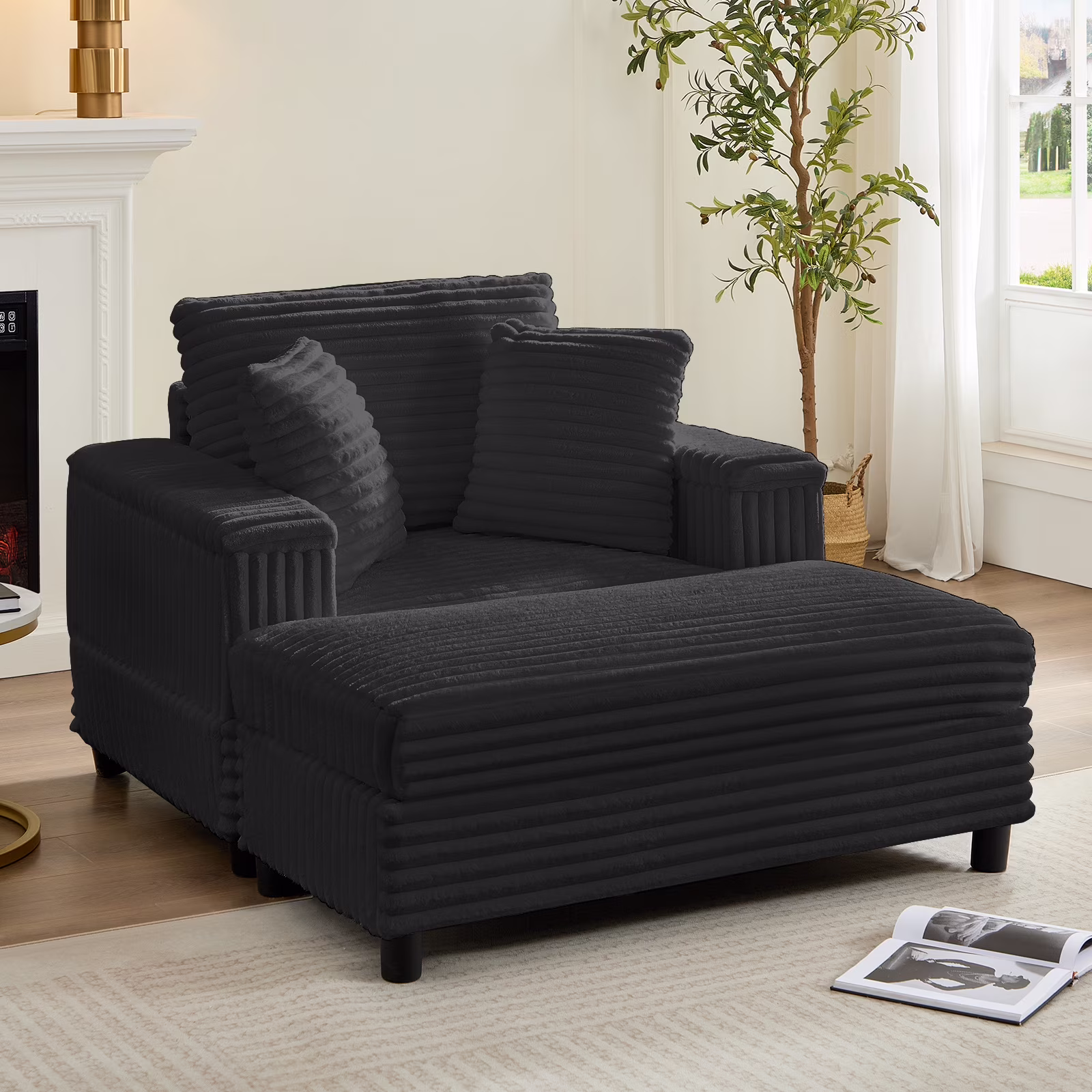 44" Modern Corduroy Accent Armchair with Storage Ottoman for Living Room, Black(Black)