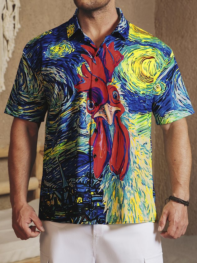 Chemise décontractée à manches courtes avec poche poitrine et motif coq