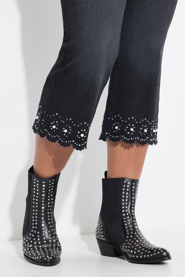 Flared 5-Pocket 7/8 Jeans with Eyelet Embroidery and Decorative Hem Beads