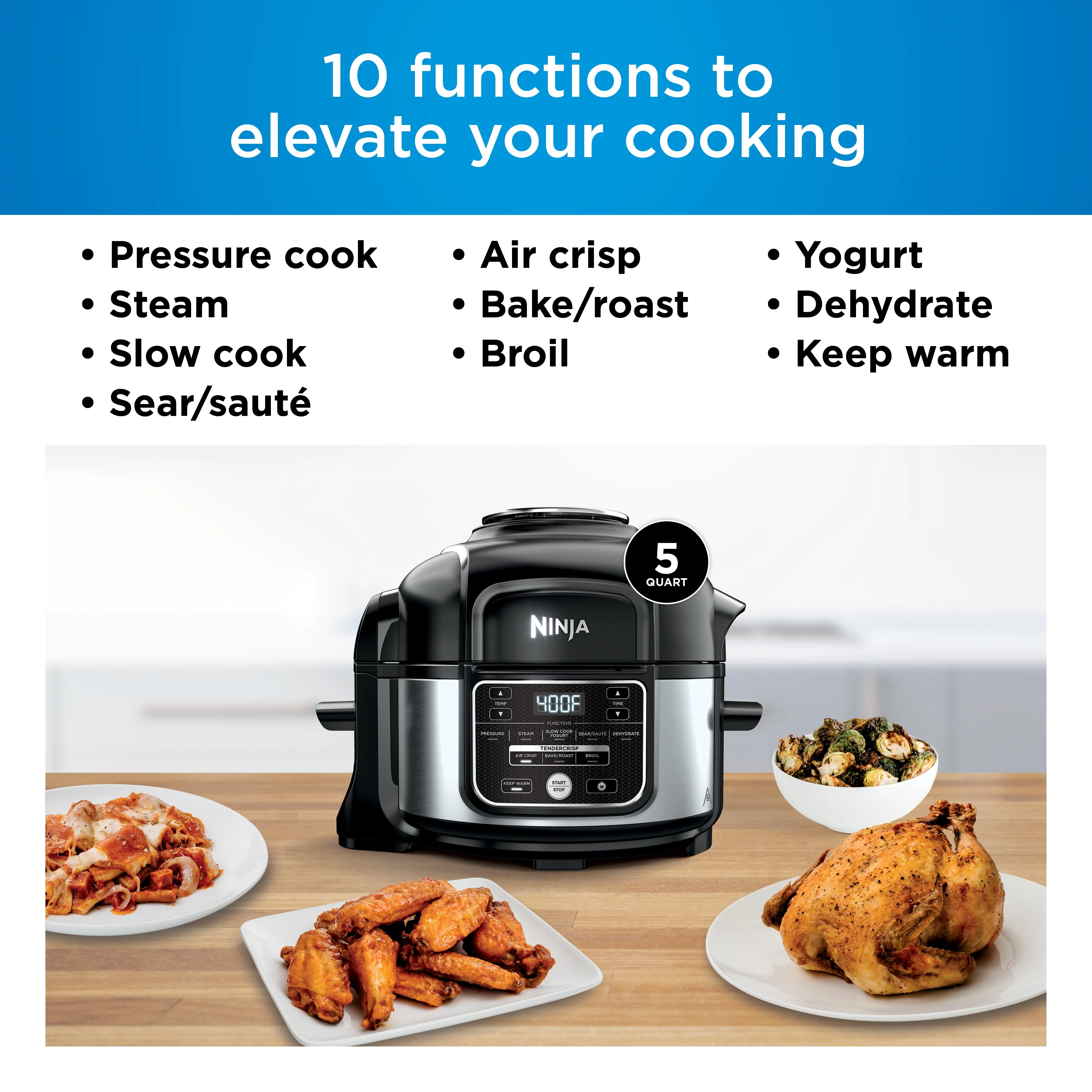 Ninja Foodi 10 - in - 1 5 Qt Pressure Cooker, Steamer, Bake, Broil, Dehydrate, Air Fryer, Non - Stick, FD101 Stainless Steel