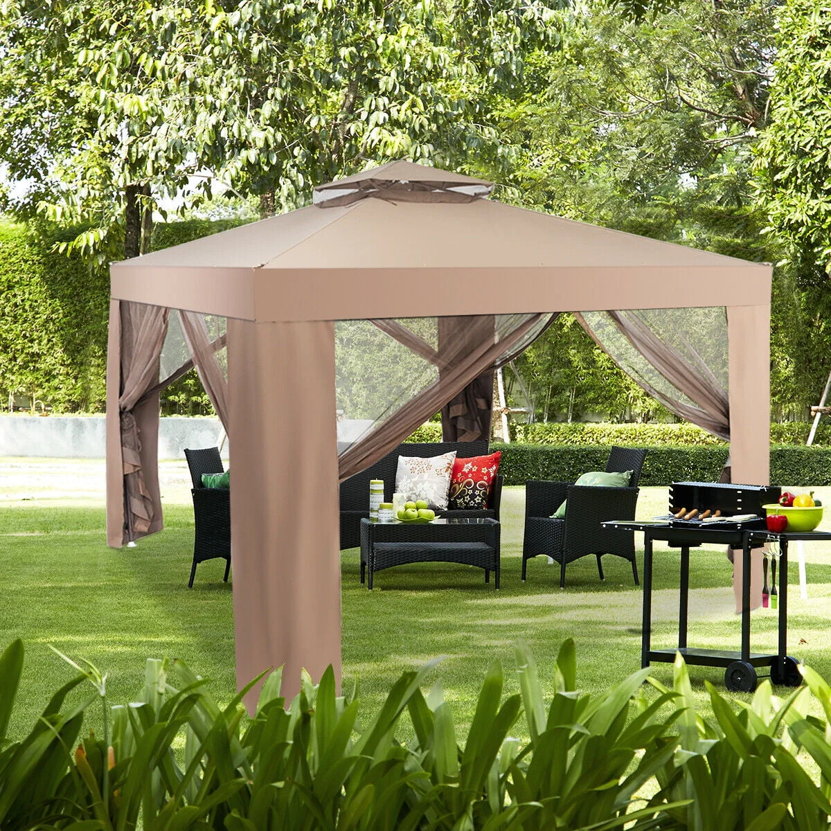 Gymax 10'x 10' Canopy Gazebo Tent Shelter Garden Lawn Patio W/Mosquito Netting Coffee